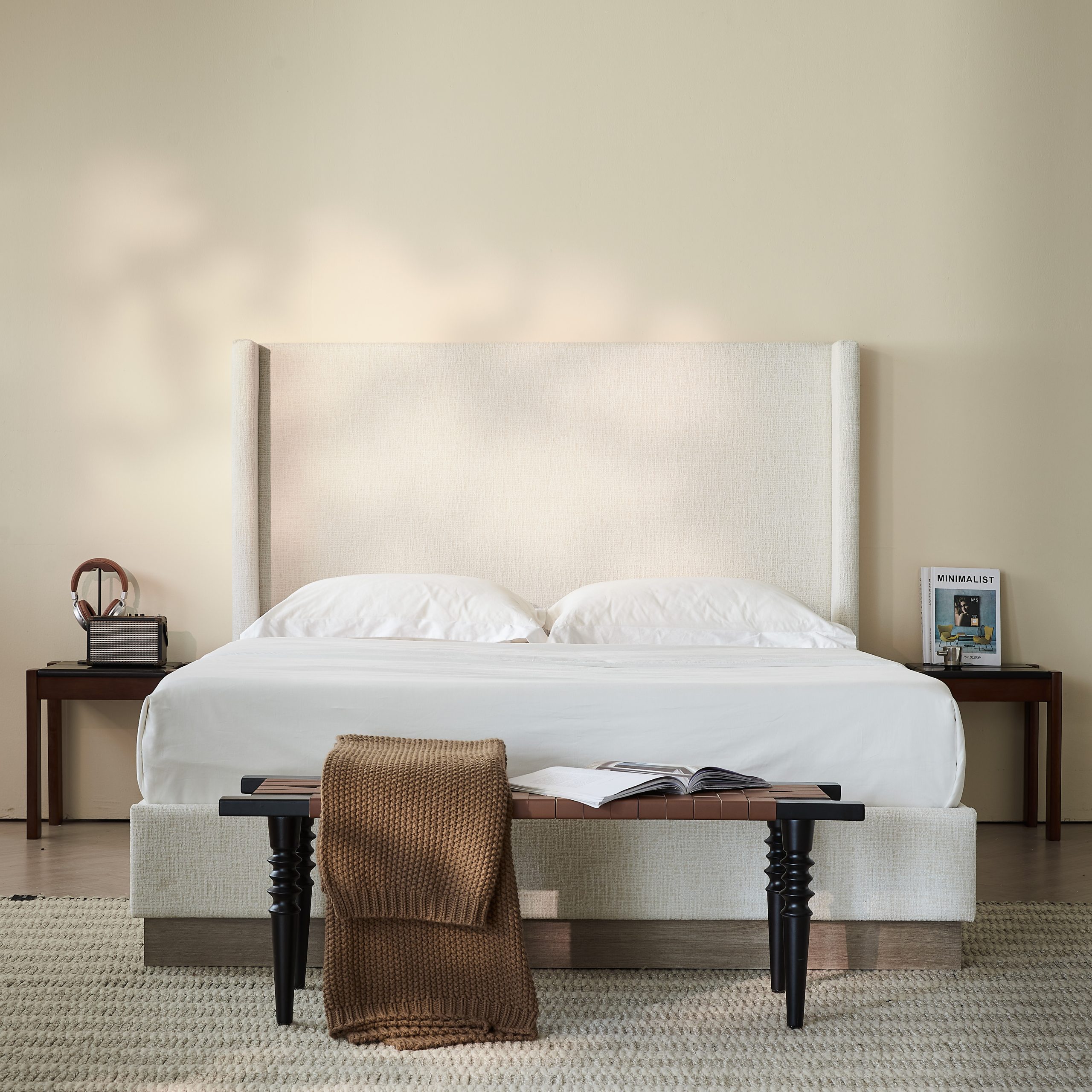 Hosford Upholstered Wingback Bed / Upholstered Wood Base Platform Bed / 52.5" High Headboard / Minimalist / Rusticity / No Box Spring Needed / Queen / Oat Boucle / No Noise - Image 1