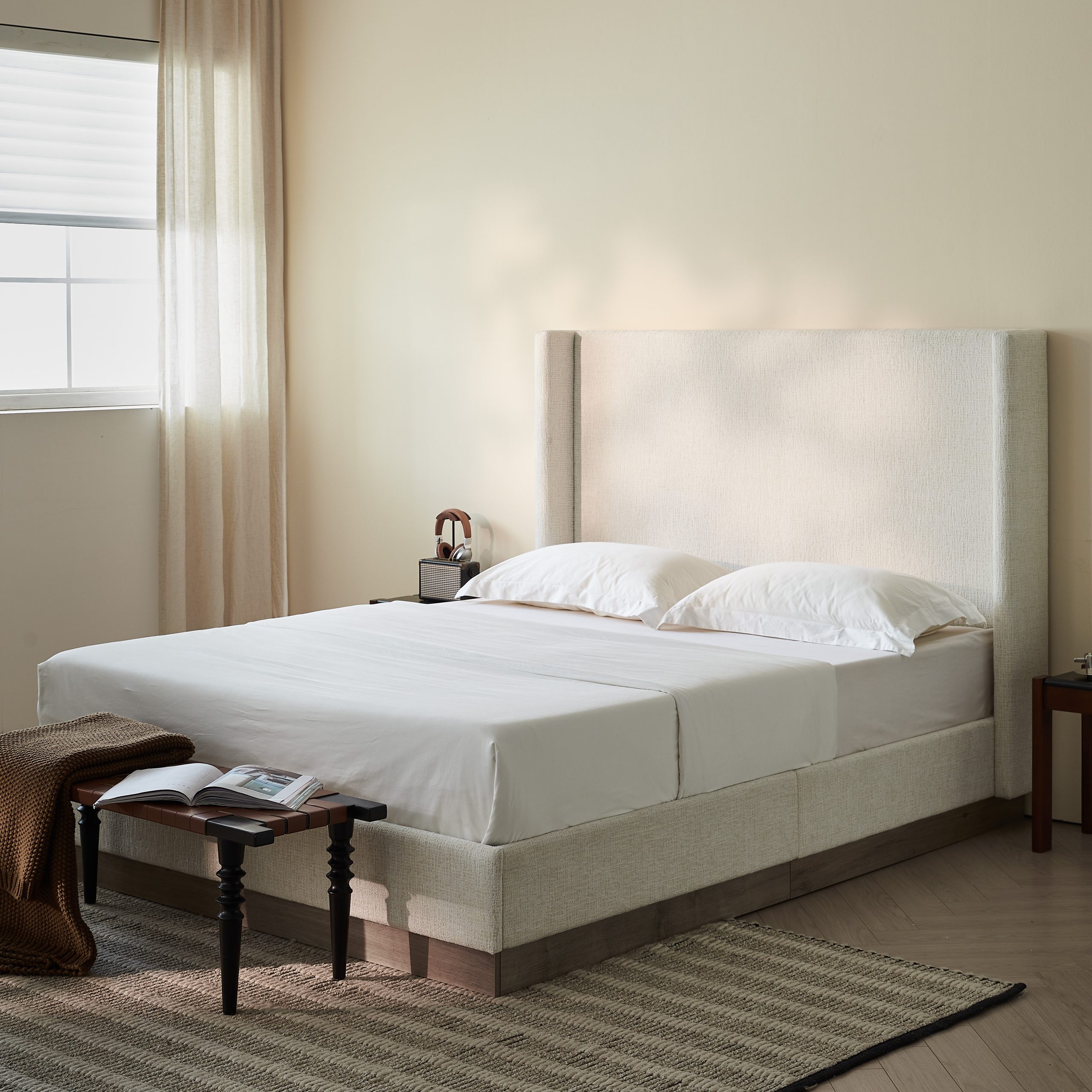 Hosford Upholstered Wingback Bed / Upholstered Wood Base Platform Bed / 52.5" High Headboard / Minimalist / Rusticity / No Box Spring Needed / Queen / Oat Boucle / No Noise - Image 2