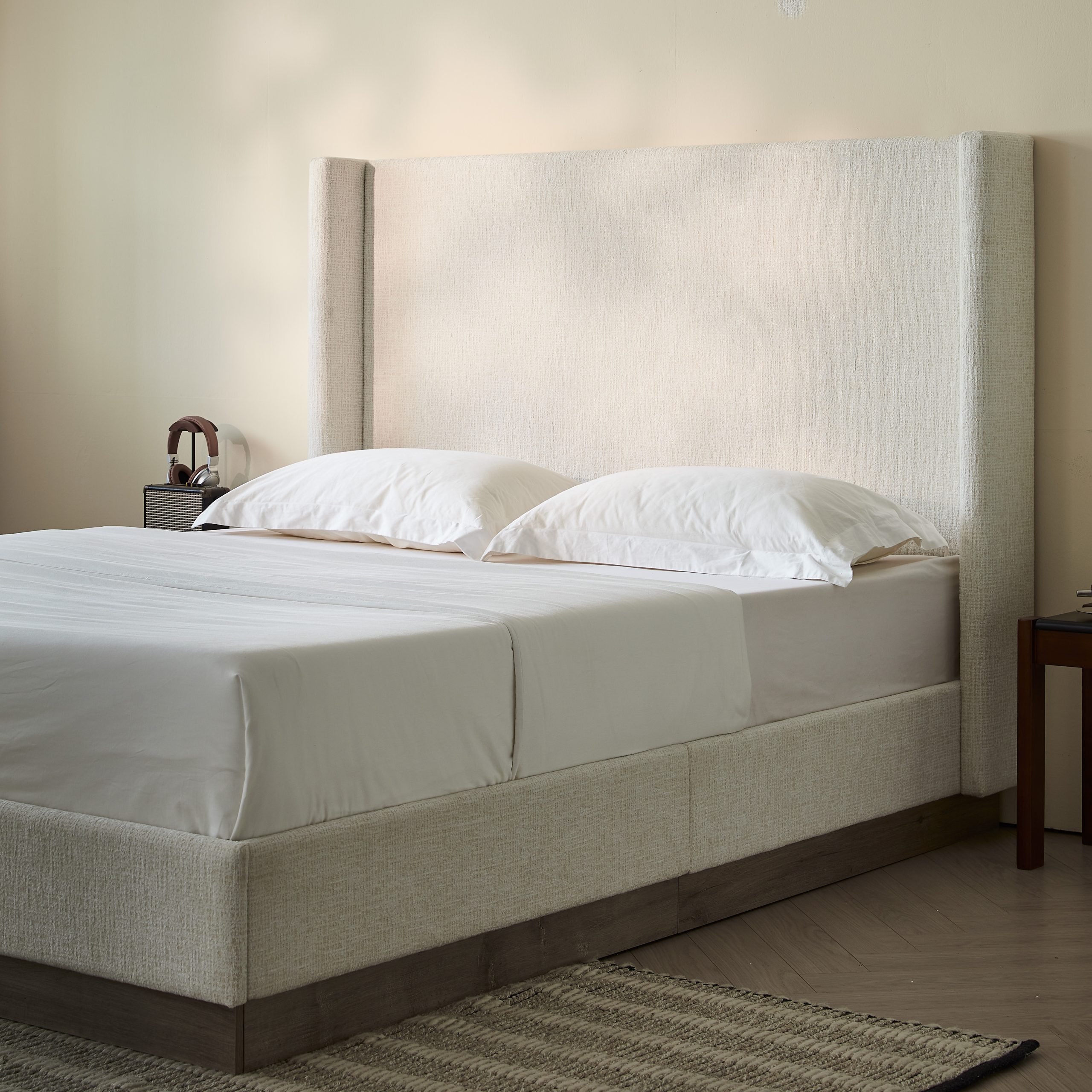 Hosford Upholstered Wingback Bed / Upholstered Wood Base Platform Bed / 52.5" High Headboard / Minimalist / Rusticity / No Box Spring Needed / California King / Oat Boucle / No Noise - Image 3