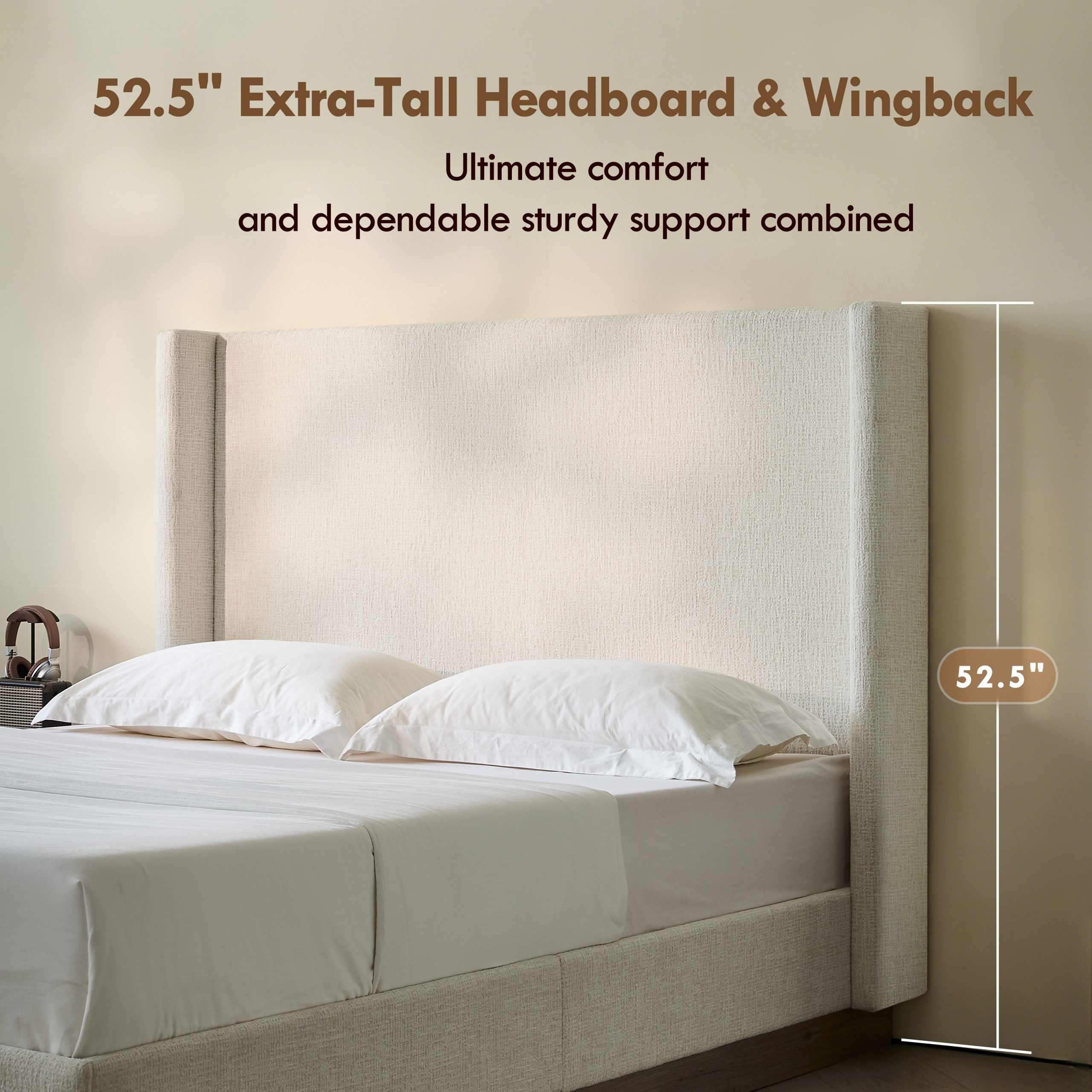 Hosford Upholstered Wingback Bed / Upholstered Wood Base Platform Bed / 52.5" High Headboard / Minimalist / Rusticity / No Box Spring Needed / Queen / Oat Boucle / No Noise - Image 6