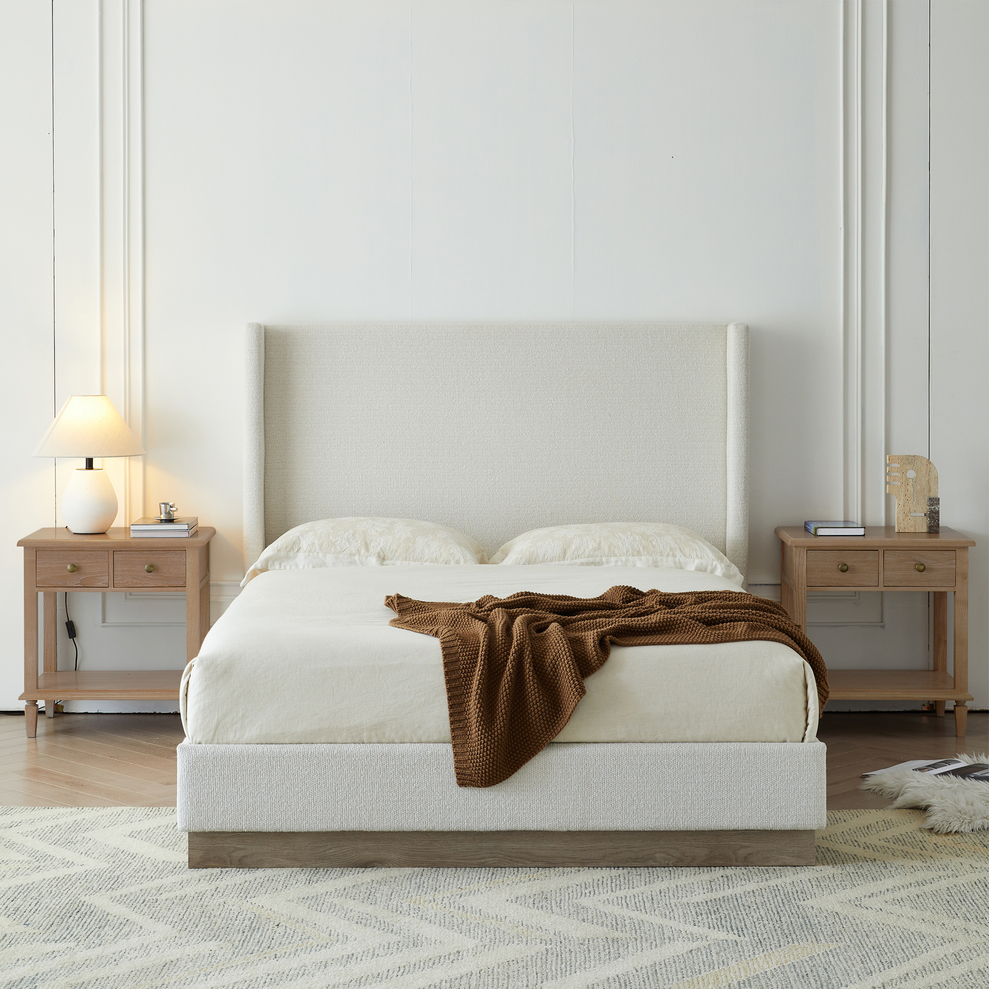 Hosford Upholstered Wingback Bed / Upholstered Wood Base Platform Bed / 52.5" High Headboard / Minimalist / Rusticity / No Box Spring Needed / King / Cream White Boucle / No Noise - Image 1