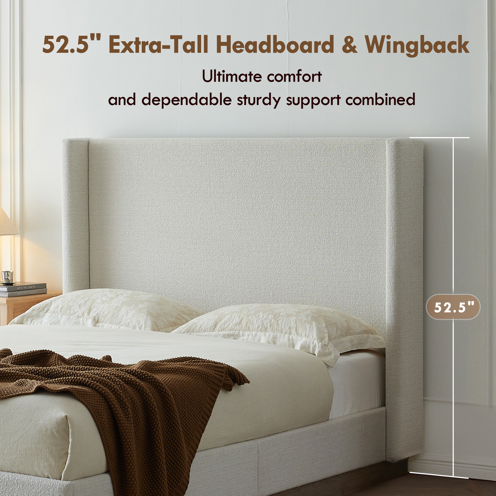 Hosford Upholstered Wingback Bed / Upholstered Wood Base Platform Bed / 52.5" High Headboard / Minimalist / Rusticity / No Box Spring Needed / California King / Cream White Boucle / No Noise - Image 6