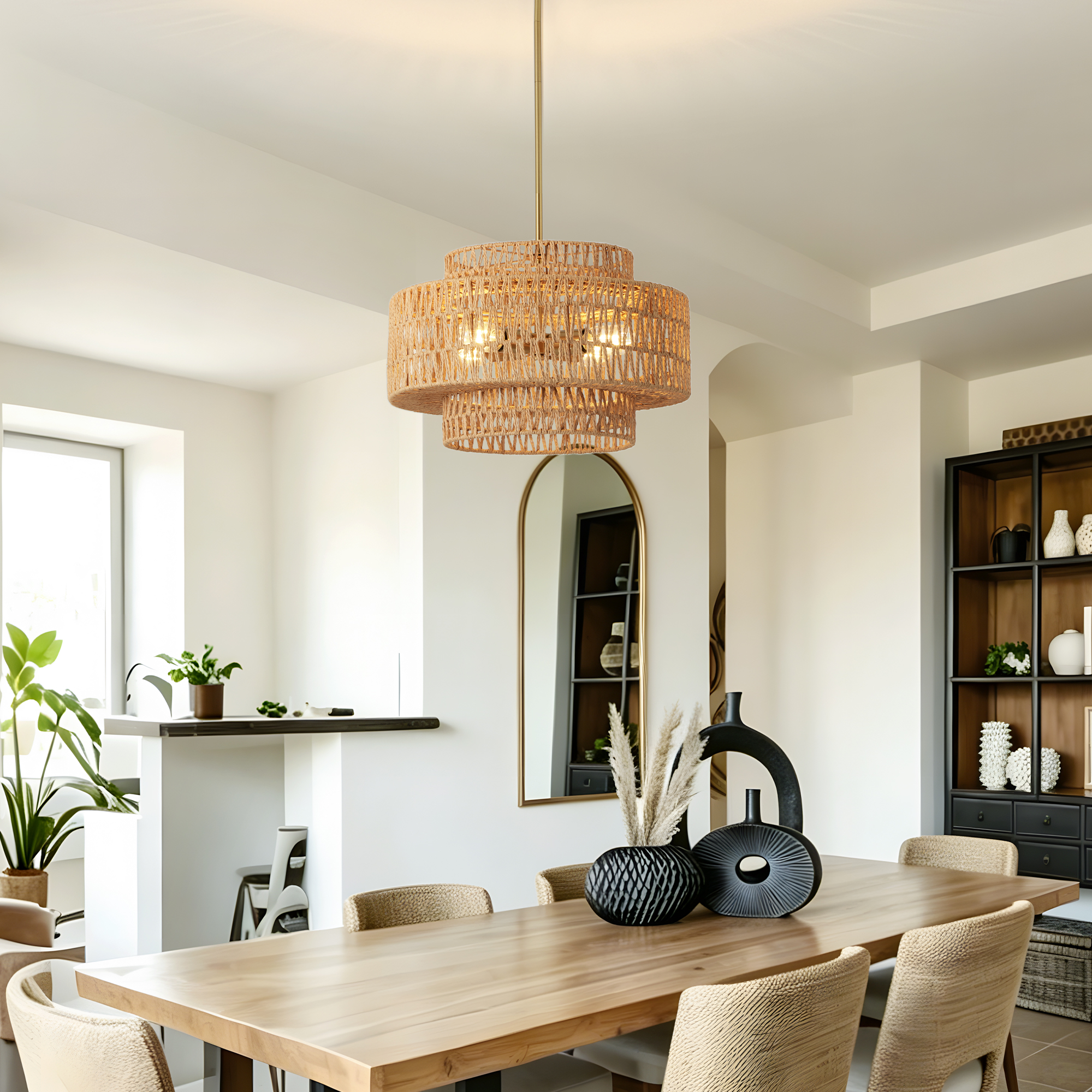 17.7" Boho Rattan Chandelier for Dining Room Light Fixture, 4-Light Hand Woven Wicker Pendant Light Fixture, Farmhouse Rustic Hanging Chandelier for Dining Room, Kitchen Island, Living, Bedroom - Image 2