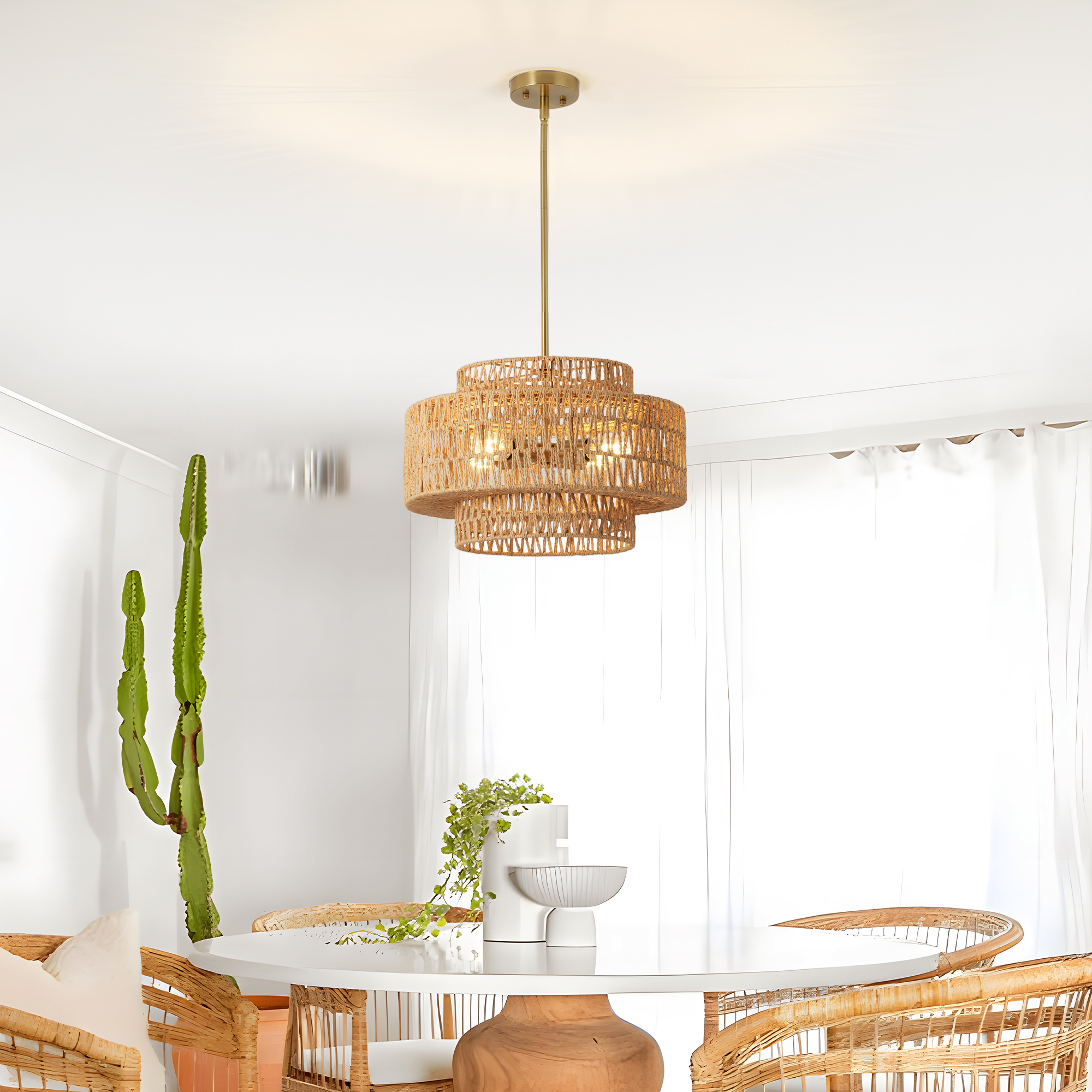 17.7" Boho Rattan Chandelier for Dining Room Light Fixture, 4-Light Hand Woven Wicker Pendant Light Fixture, Farmhouse Rustic Hanging Chandelier for Dining Room, Kitchen Island, Living, Bedroom - Image 3