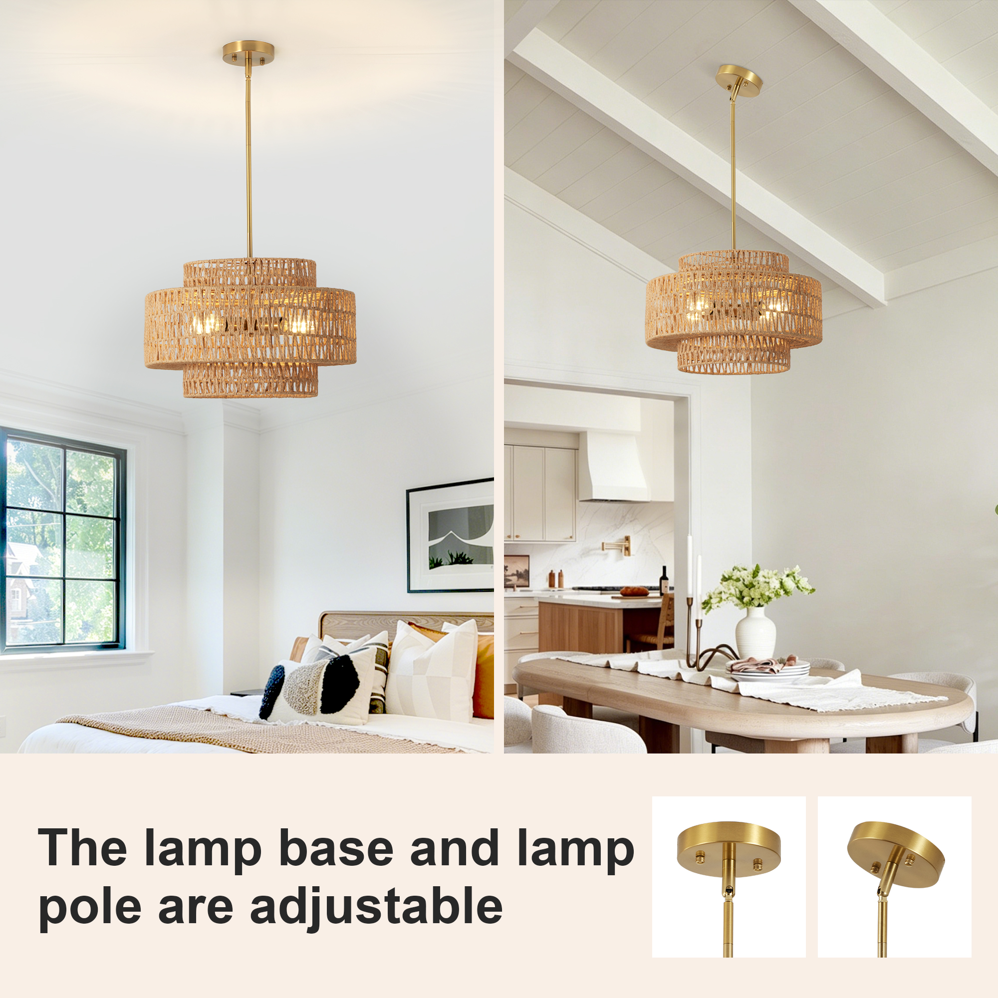 17.7" Boho Rattan Chandelier for Dining Room Light Fixture, 4-Light Hand Woven Wicker Pendant Light Fixture, Farmhouse Rustic Hanging Chandelier for Dining Room, Kitchen Island, Living, Bedroom - Image 4