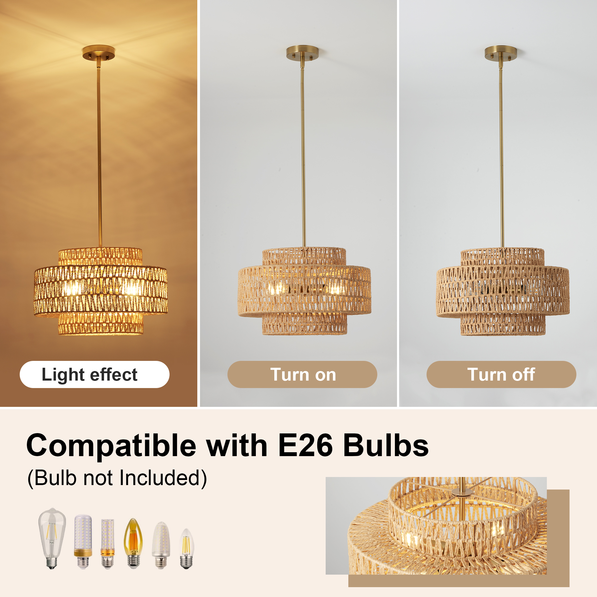 17.7" Boho Rattan Chandelier for Dining Room Light Fixture, 4-Light Hand Woven Wicker Pendant Light Fixture, Farmhouse Rustic Hanging Chandelier for Dining Room, Kitchen Island, Living, Bedroom - Image 5