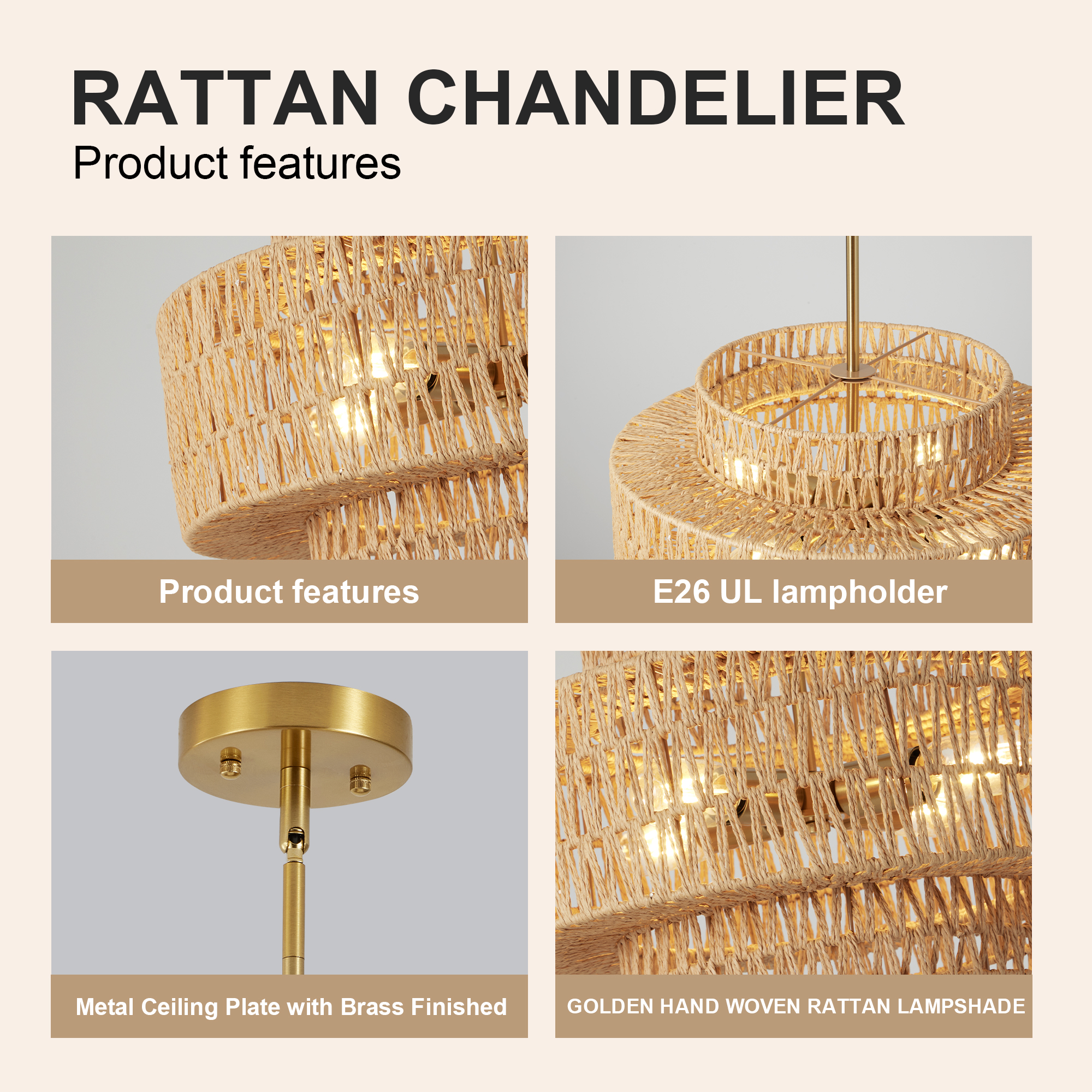 17.7" Boho Rattan Chandelier for Dining Room Light Fixture, 4-Light Hand Woven Wicker Pendant Light Fixture, Farmhouse Rustic Hanging Chandelier for Dining Room, Kitchen Island, Living, Bedroom - Image 6