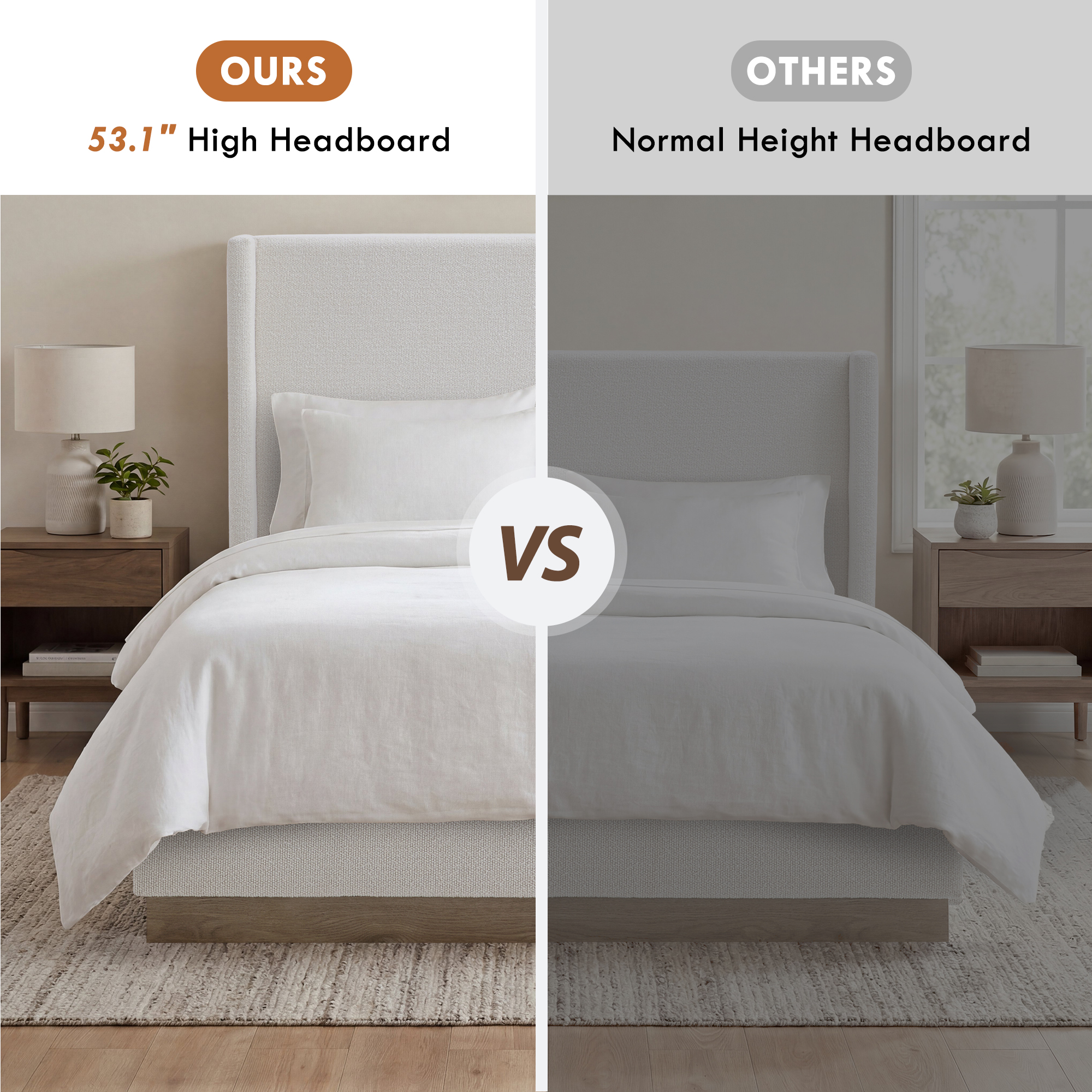 Hosford Upholstered Wingback Bed / Upholstered Wood Base Platform Bed / 52.5" High Headboard / Minimalist / Rusticity / No Box Spring Needed / King / Cream White Boucle / No Noise - Image 5