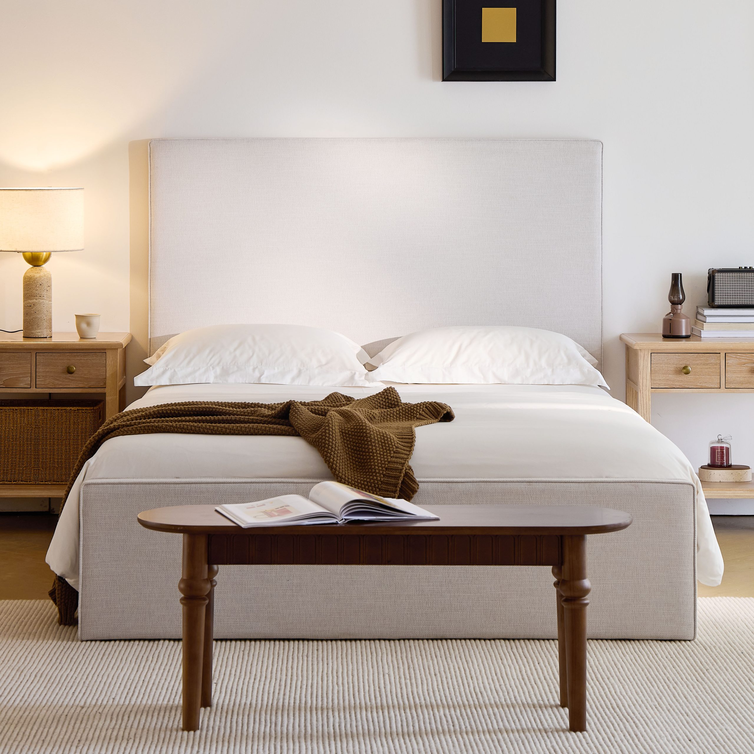 Lucas Tall Headboard Upholstered Bed / 52″ High Headboard / Elegant Simplicity / No Box Spring Needed / Easy Assembly / King / Textured Ivory Canvas
