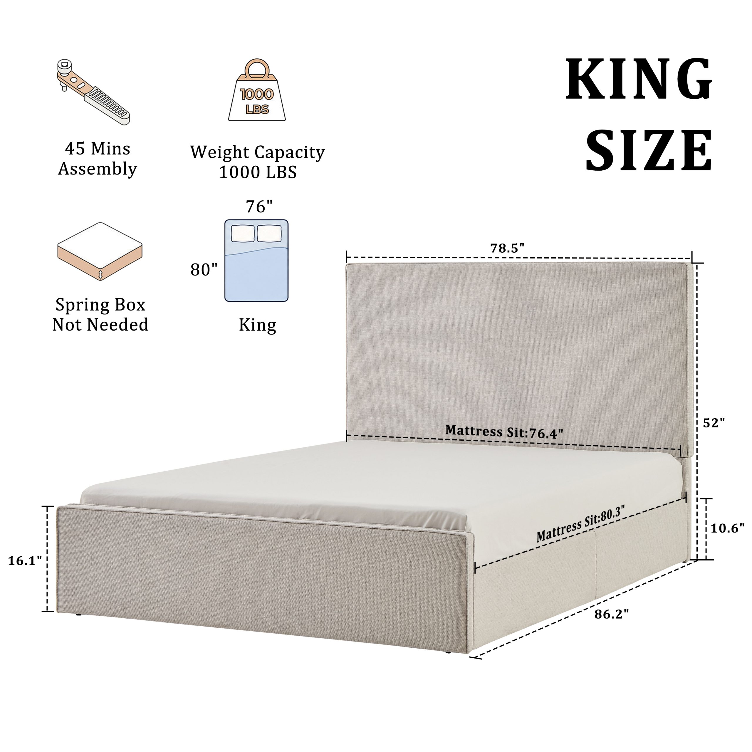 Lucas Tall Headboard Upholstered Bed / 52" High Headboard / Elegant Simplicity / No Box Spring Needed / Easy Assembly / King / Textured Ivory Canvas - Image 4