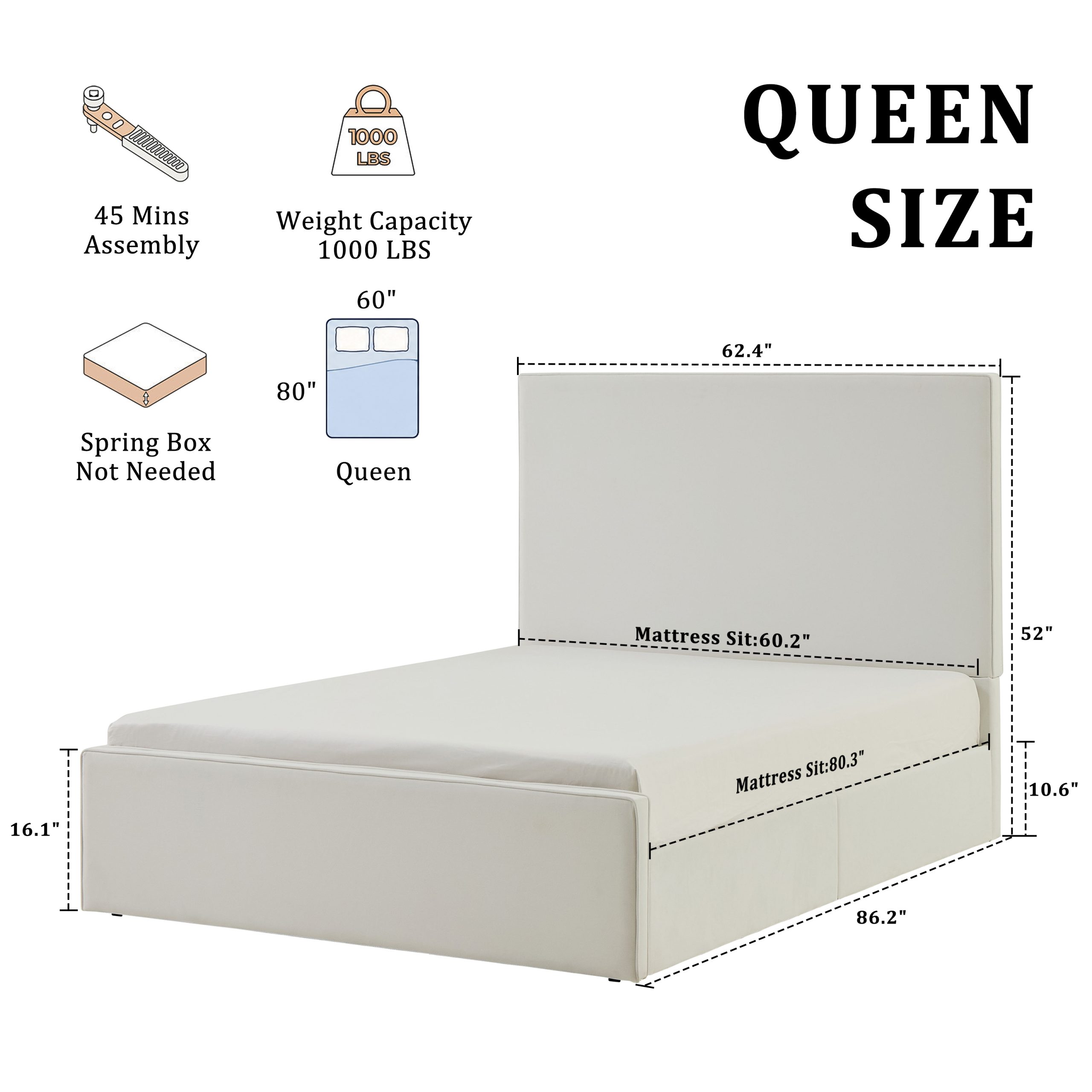 Lucas Tall Headboard Upholstered Bed / 52" High Headboard / Elegant Simplicity / No Box Spring Needed / Easy Assembly / Queen / Coconut Micro Suede - Image 6
