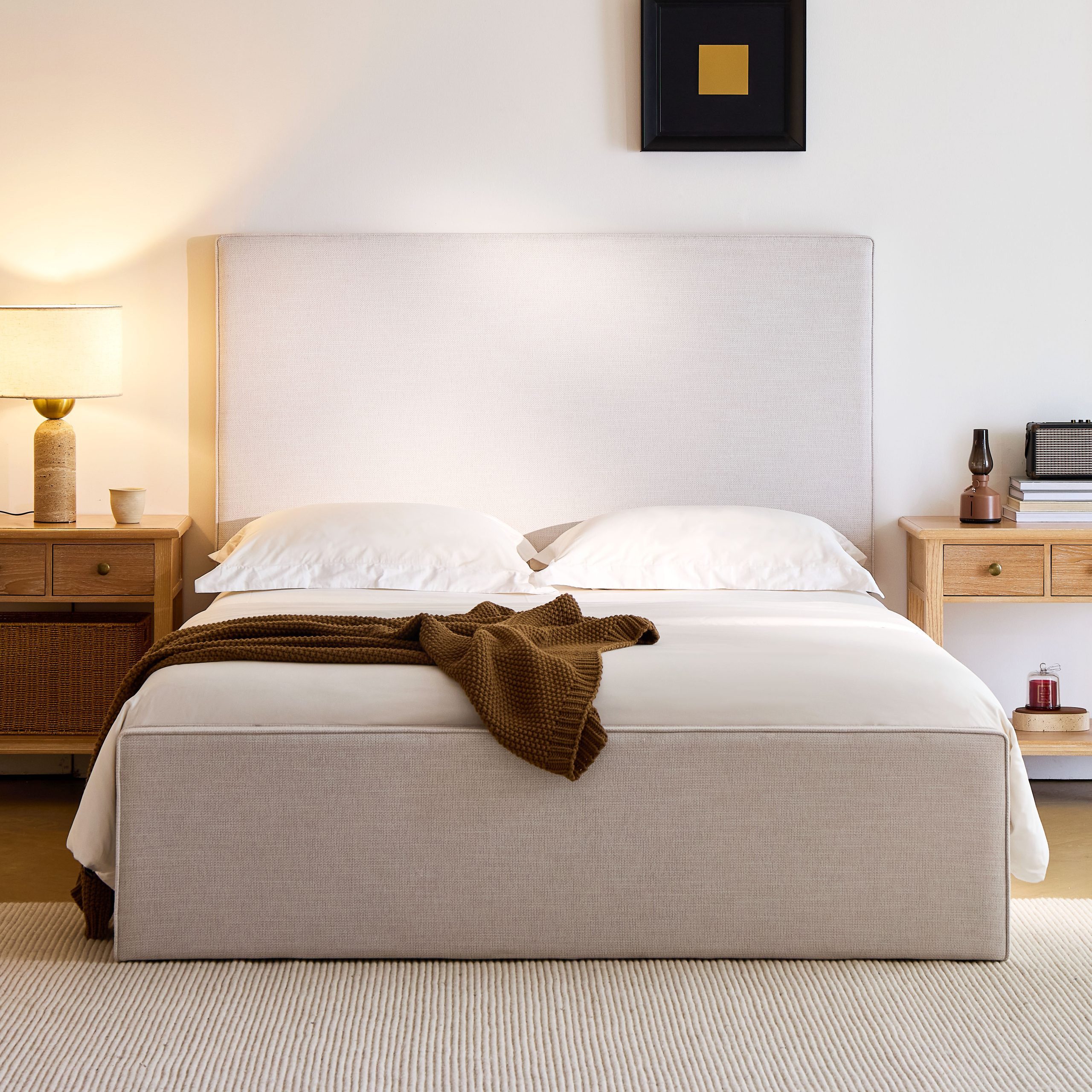 Lucas Tall Headboard Upholstered Bed / 52" High Headboard / Elegant Simplicity / No Box Spring Needed / Easy Assembly / Queen / Textured Ivory Canvas - Image 1