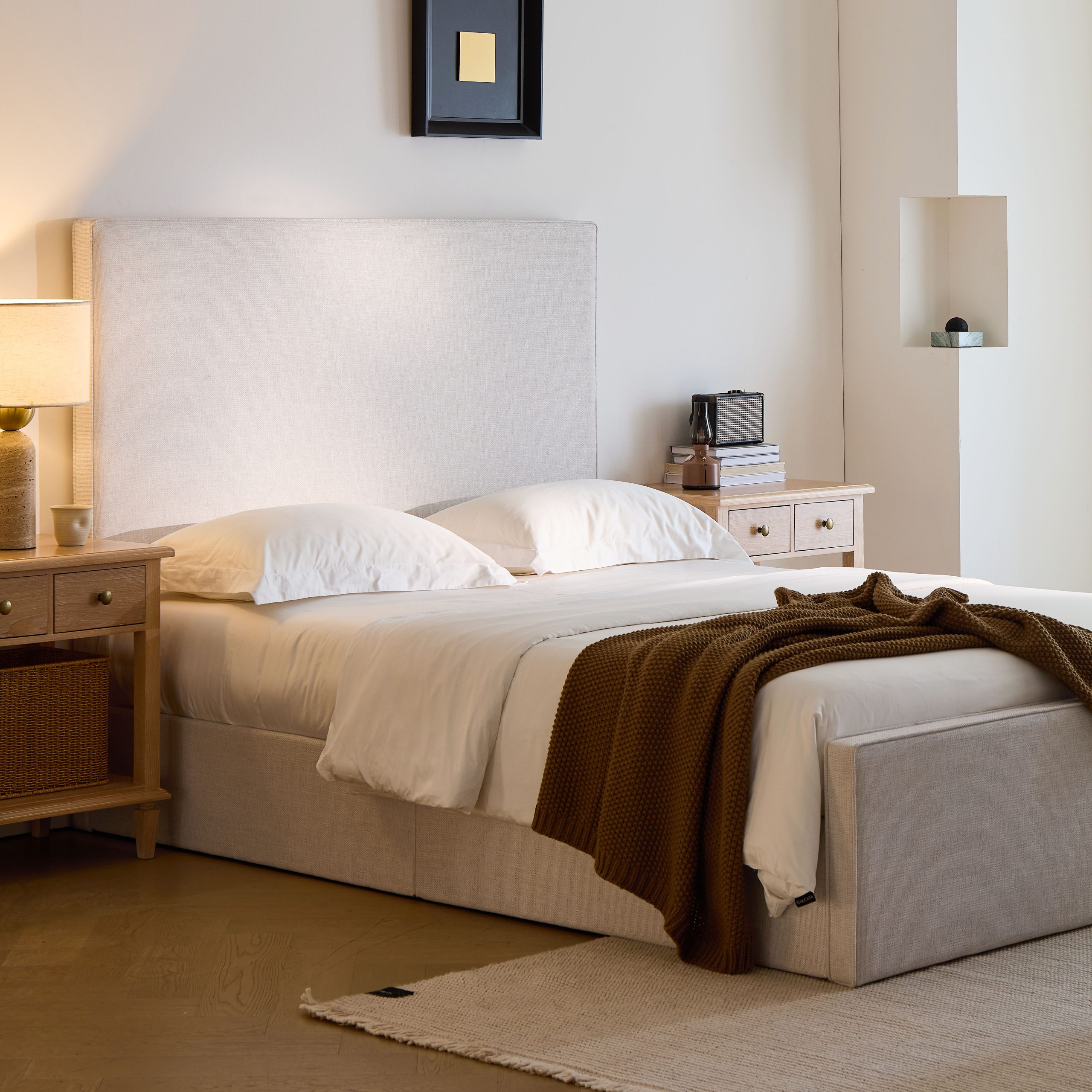 Lucas Tall Headboard Upholstered Bed / 52" High Headboard / Elegant Simplicity / No Box Spring Needed / Easy Assembly / Queen / Textured Ivory Canvas - Image 2