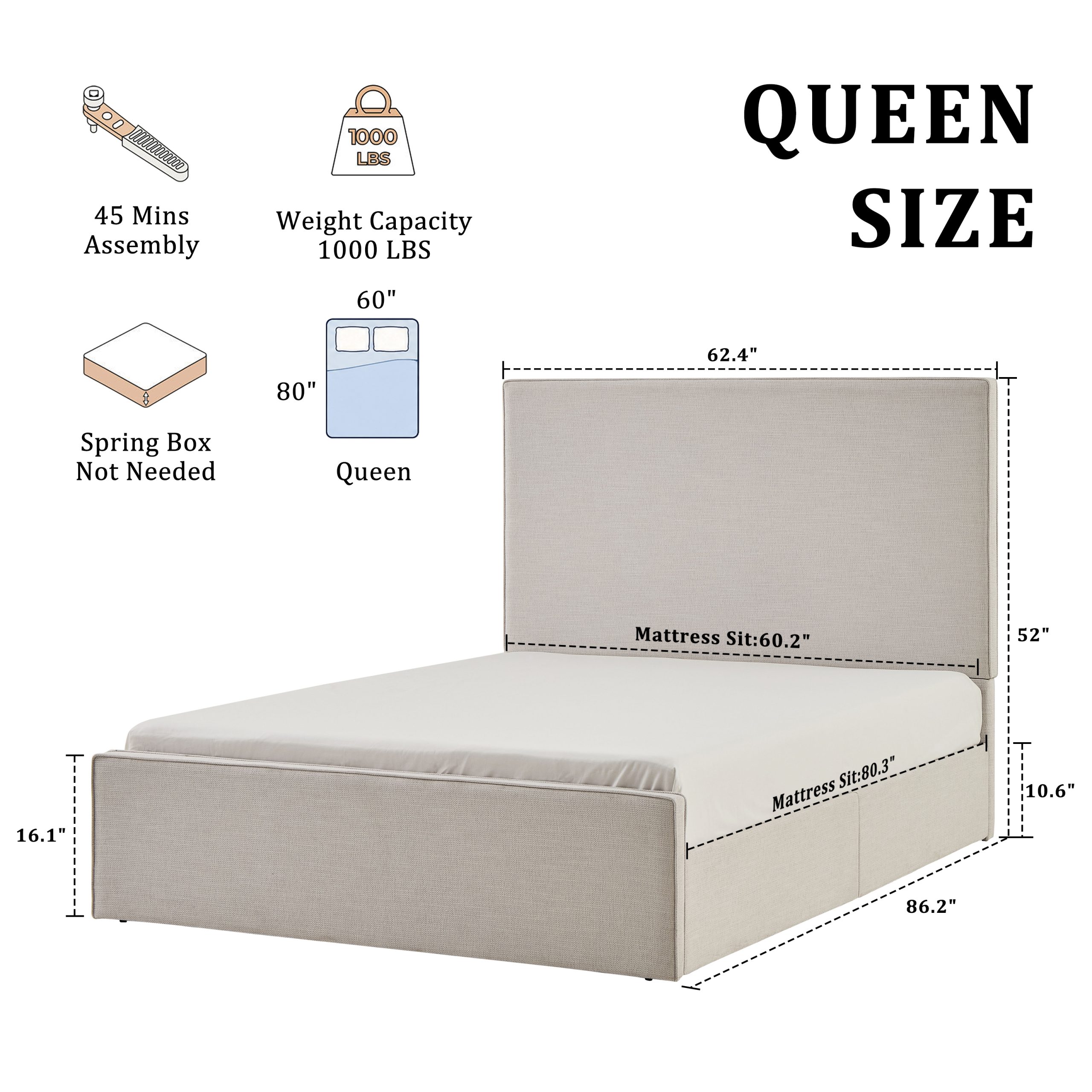 Lucas Tall Headboard Upholstered Bed / 52" High Headboard / Elegant Simplicity / No Box Spring Needed / Easy Assembly / Queen / Textured Ivory Canvas - Image 4