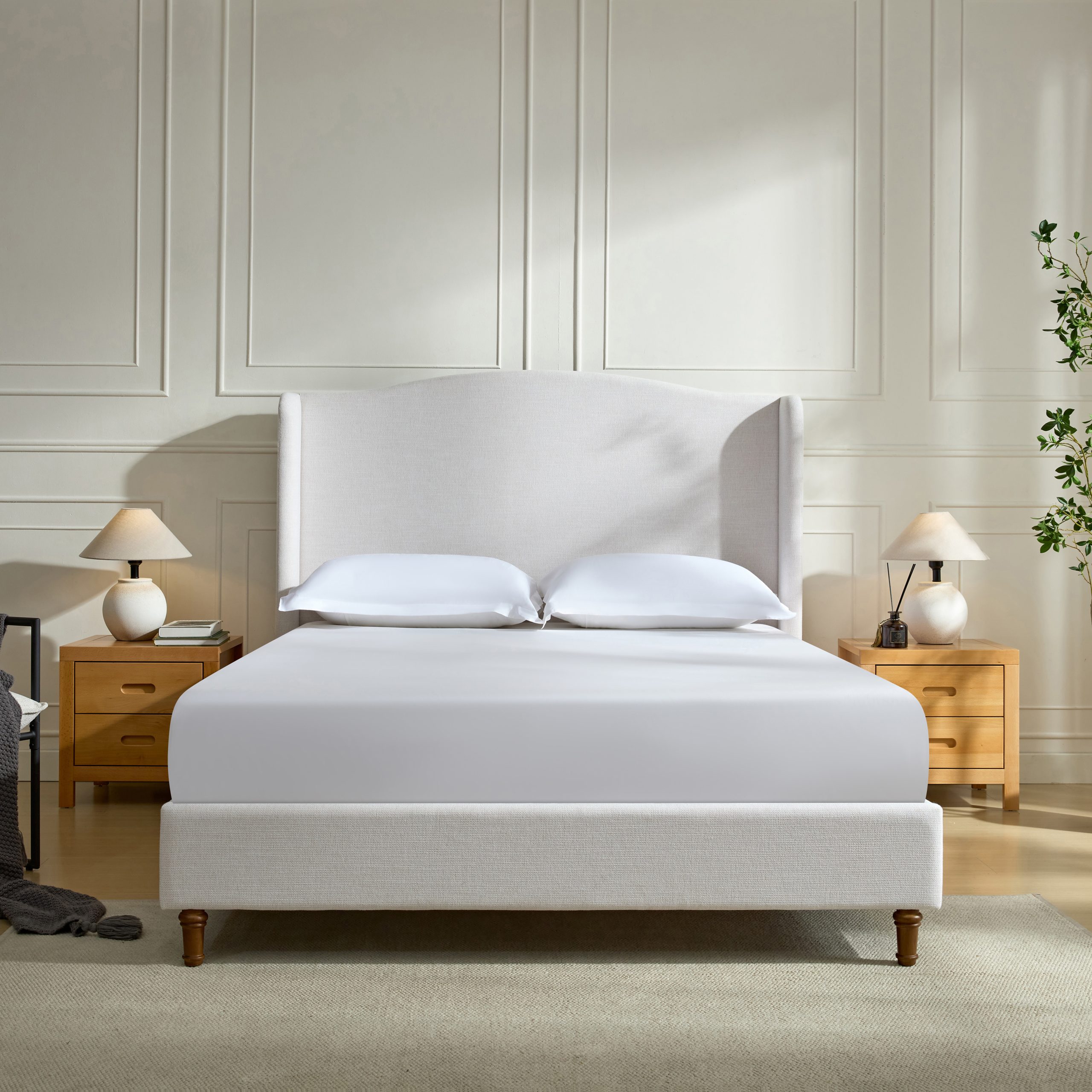 Hannah Upholstered Wingback Bed Size Queen / Tall 54" Headboard Upholstered Queen Bed / Premium Textured Canvas Chenille Look Ivory / Minimalist Designs / No Box Spring Needed / Easy Assembly / Queen - Image 1
