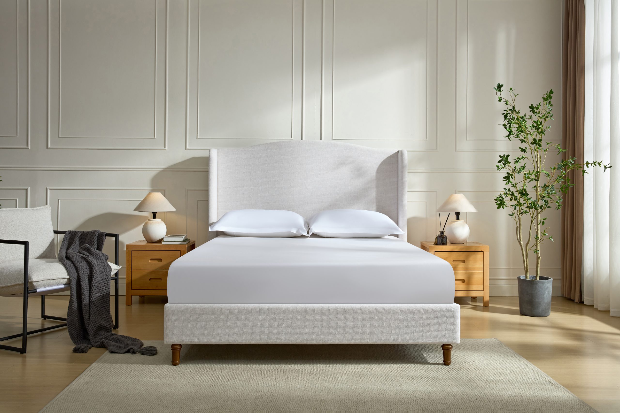 Hannah Upholstered Wingback Bed Size Queen / Tall 54" Headboard Upholstered Queen Bed / Premium Textured Canvas Chenille Look Ivory / Minimalist Designs / No Box Spring Needed / Easy Assembly / Queen - Image 3