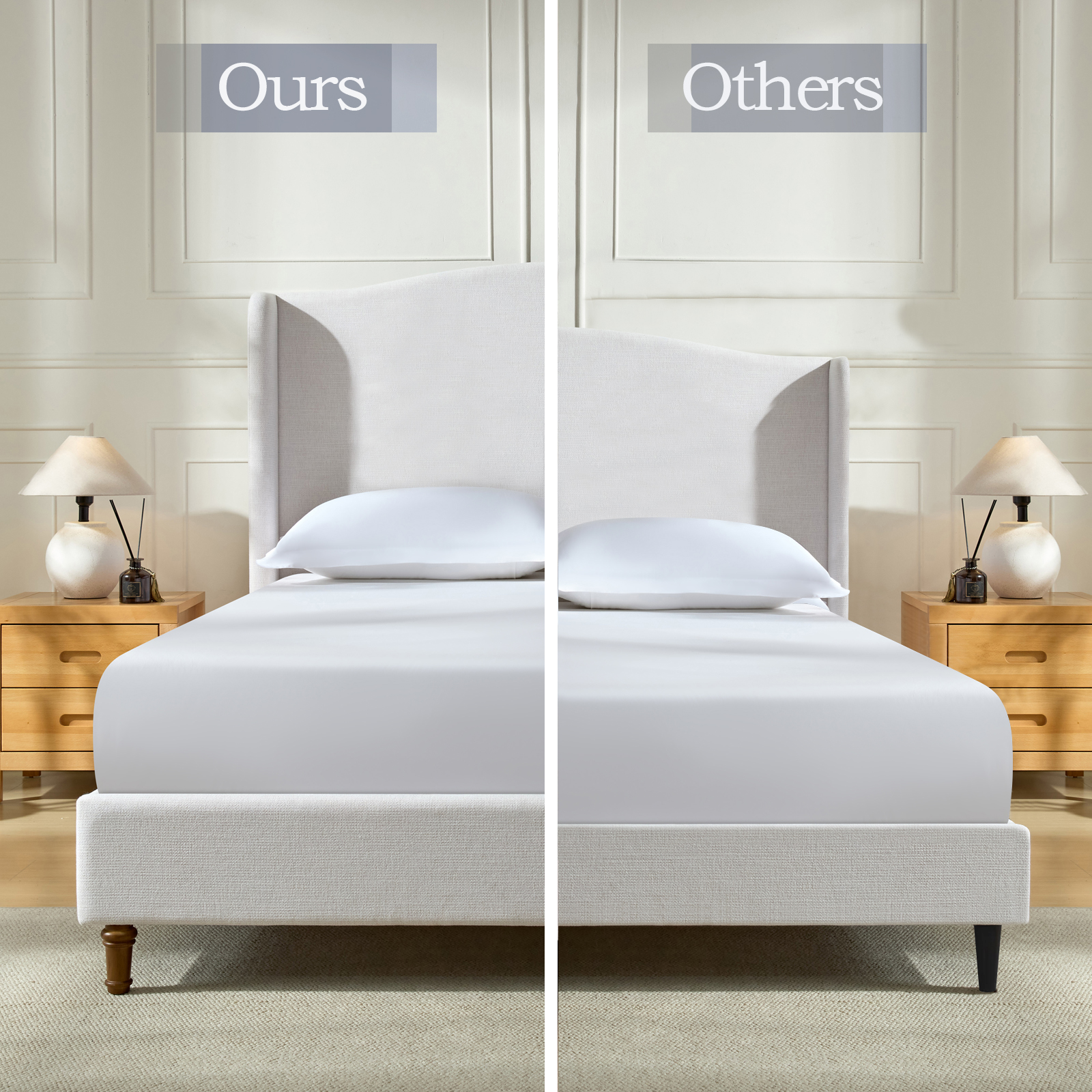 Hannah Upholstered Wingback Bed Size Queen / Tall 54" Headboard Upholstered Queen Bed / Premium Textured Canvas Chenille Look Ivory / Minimalist Designs / No Box Spring Needed / Easy Assembly / Queen - Image 6