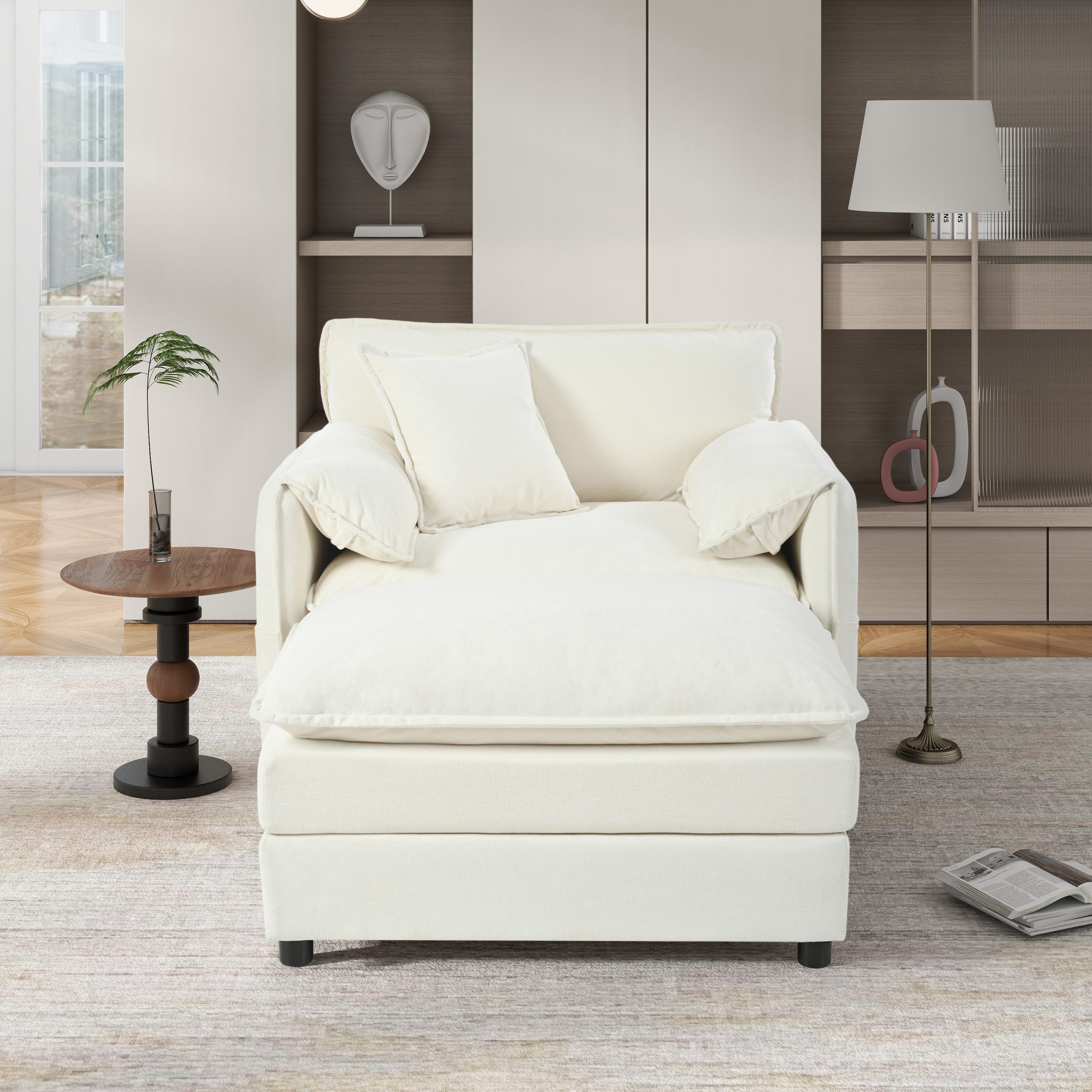 Oversized 57.48" Recliner Chair with Movable Ottoman - Soft Chenille Upholstered Indoor Lounge Chair for Living Room or Bedroom,DIY Combination,Beige - Image 1
