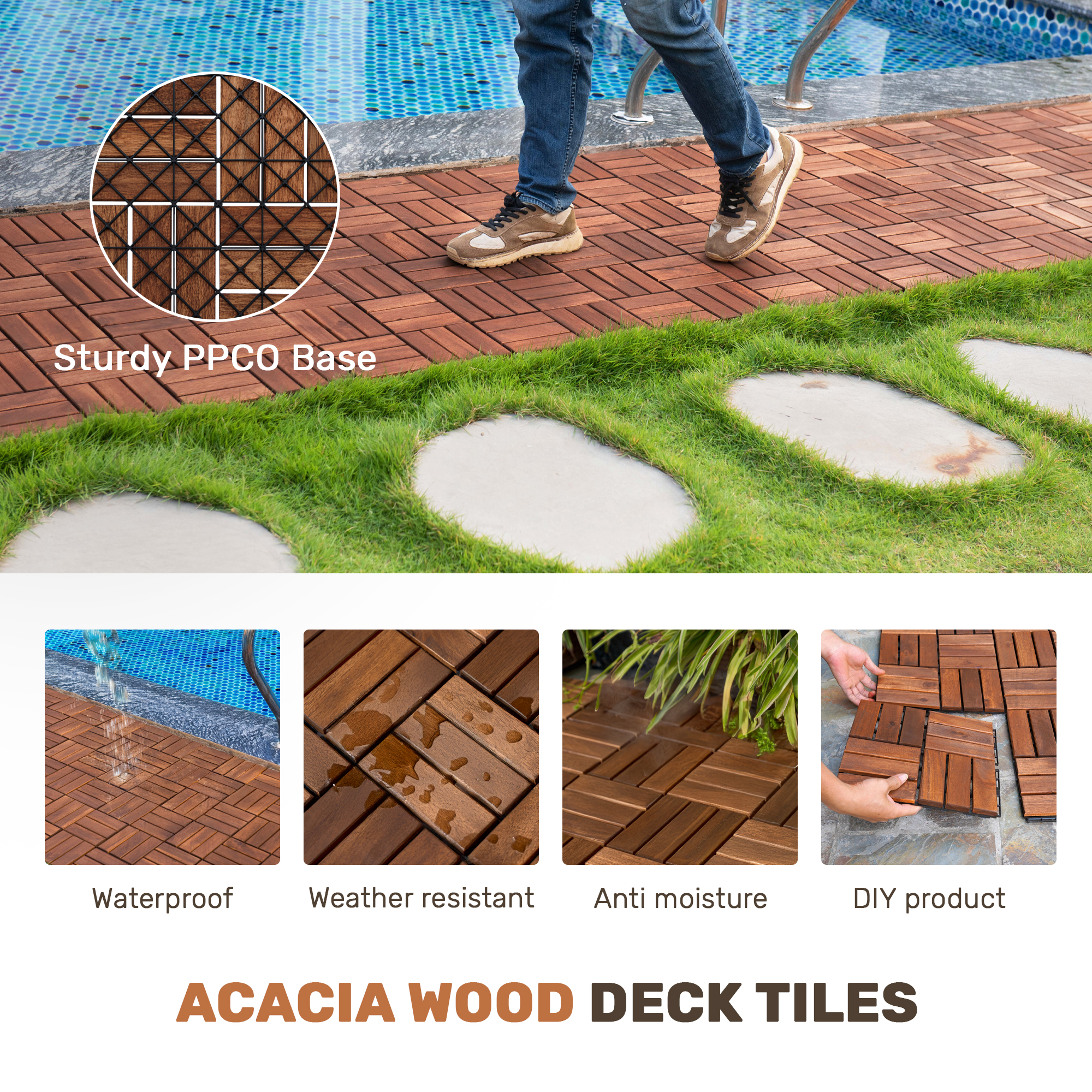 Acacia Wood Interlocking Deck Tiles Checker Pattern, 10PCS 12" x 12" Square Brown Acacia Hardwood Outdoor Flooring for Patio, Bancony, Pool Side,... - Image 2