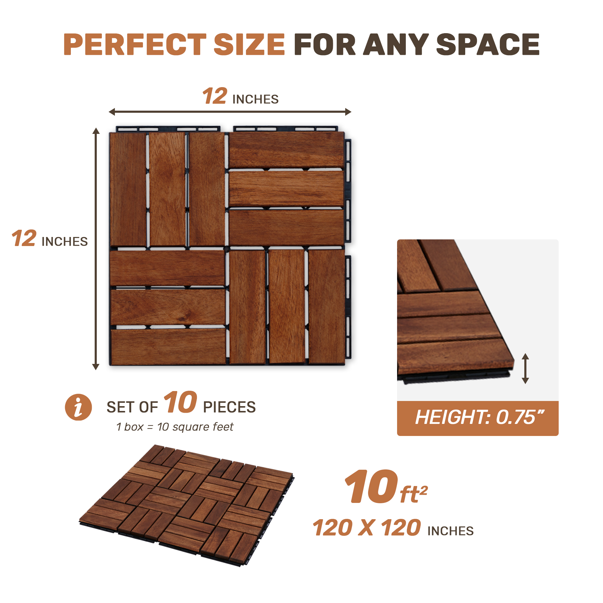 Acacia Wood Interlocking Deck Tiles Checker Pattern, 10PCS 12" x 12" Square Brown Acacia Hardwood Outdoor Flooring for Patio, Bancony, Pool Side,... - Image 3