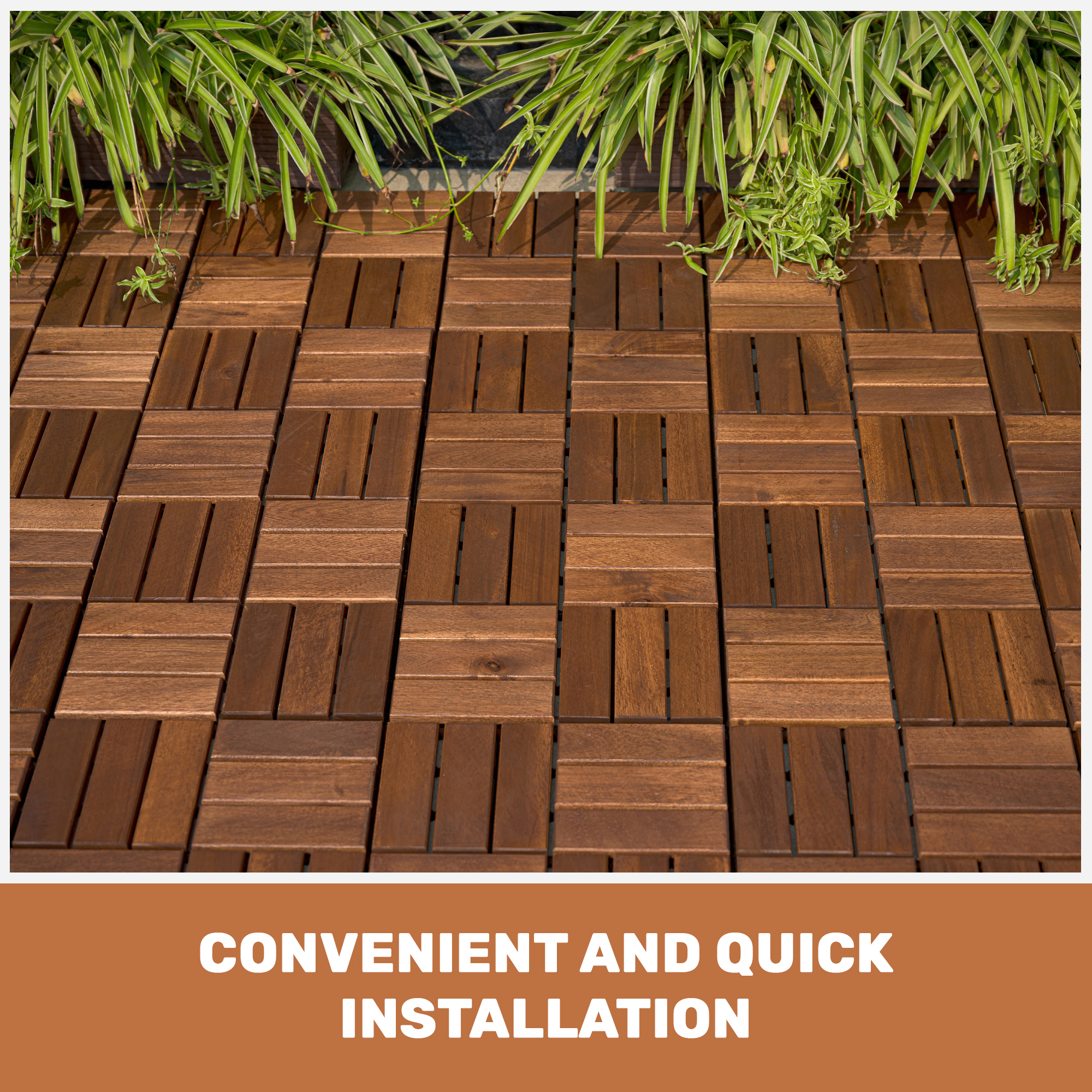 Acacia Wood Interlocking Deck Tiles Checker Pattern, 10PCS 12" x 12" Square Brown Acacia Hardwood Outdoor Flooring for Patio, Bancony, Pool Side,... - Image 5
