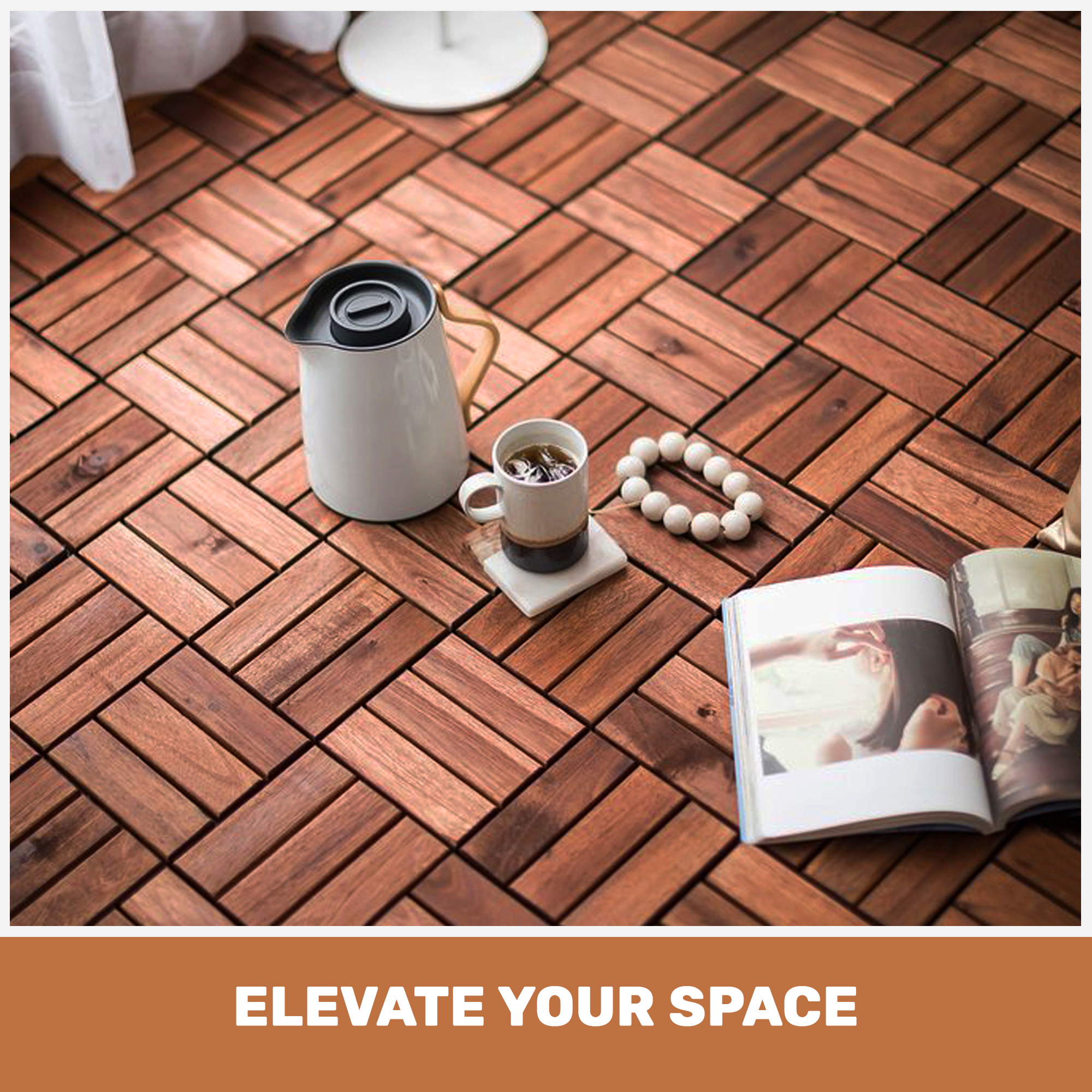 Acacia Wood Interlocking Deck Tiles Checker Pattern, 10PCS 12" x 12" Square Brown Acacia Hardwood Outdoor Flooring for Patio, Bancony, Pool Side,... - Image 6