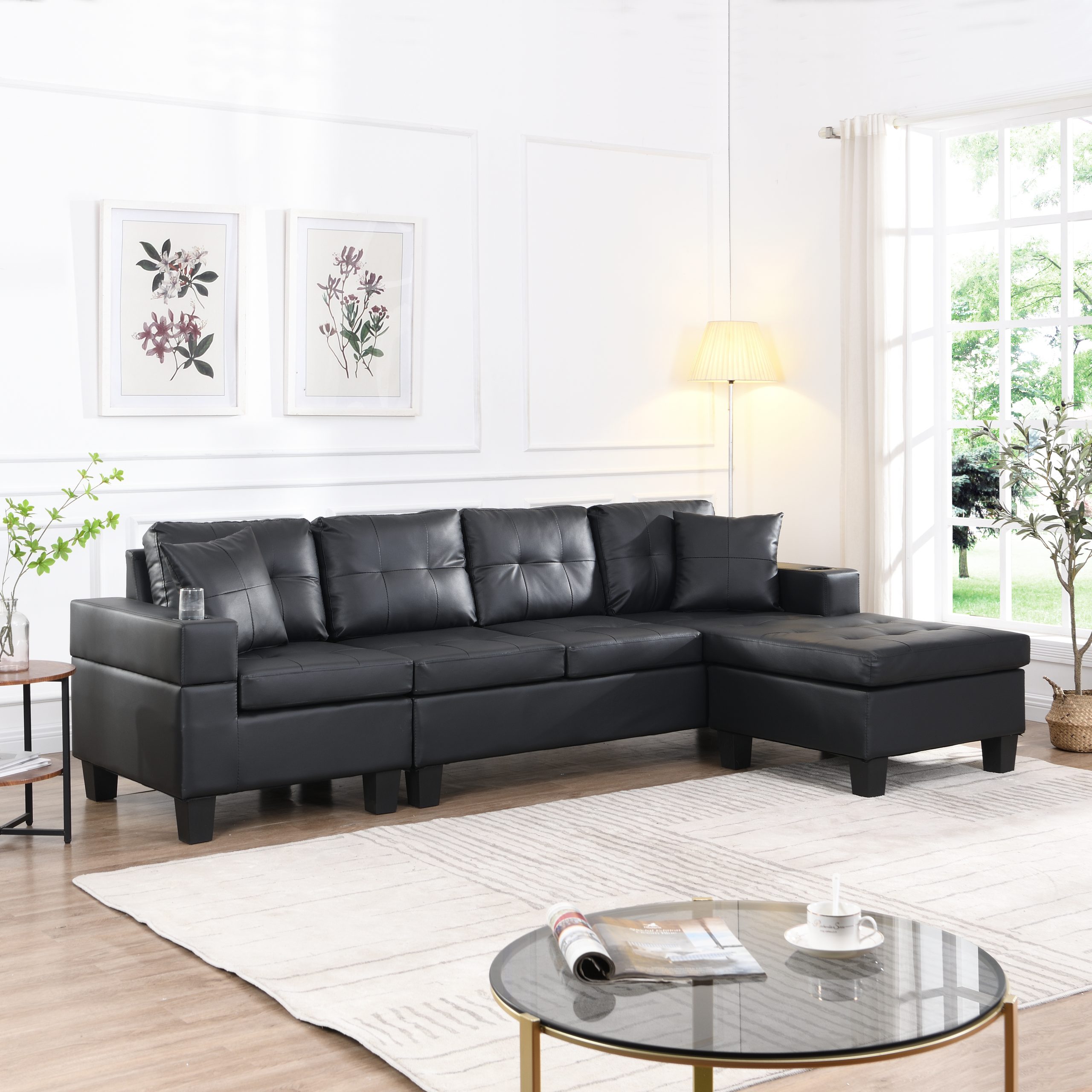 Sectional Sofa Set for Living Room with L Shape Chaise Lounge ,cup holder and Left or Right Hand Chaise Modern 4 Seat (BLACK) - Image 1