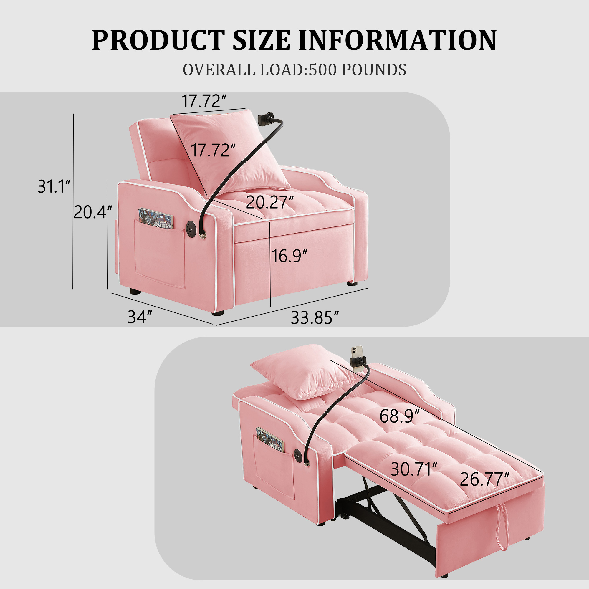 Sleeper Sofa Chair Bed, 3 In 1 Convertible Sofa Chair With With Adjustable Backrest & Phone Holder & USB, Type-C, Adjustable Recliner, Armchair For Living Room Bedroom Apartment Small Space, Pink - Image 2
