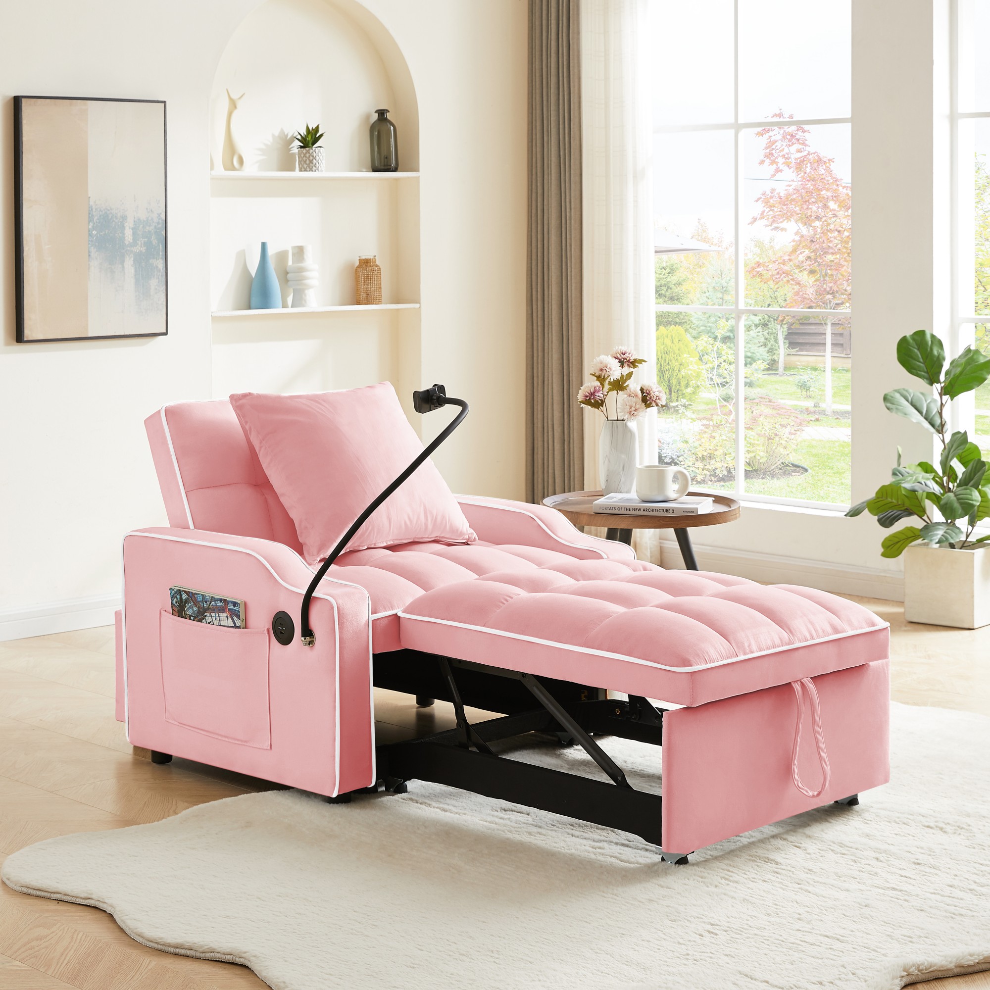 Sleeper Sofa Chair Bed, 3 In 1 Convertible Sofa Chair With With Adjustable Backrest & Phone Holder & USB, Type-C, Adjustable Recliner, Armchair For Living Room Bedroom Apartment Small Space, Pink - Image 3