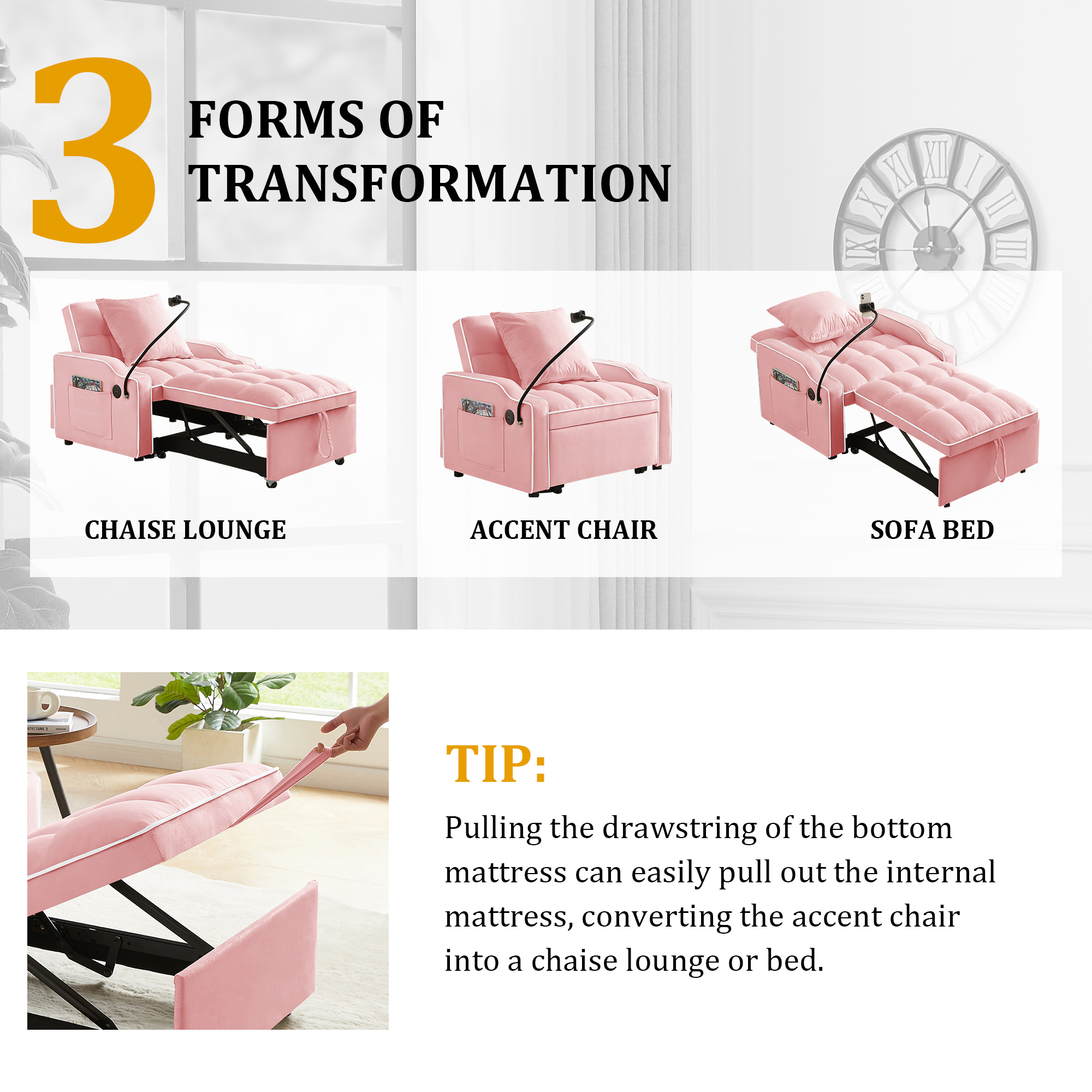 Sleeper Sofa Chair Bed, 3 In 1 Convertible Sofa Chair With With Adjustable Backrest & Phone Holder & USB, Type-C, Adjustable Recliner, Armchair For Living Room Bedroom Apartment Small Space, Pink - Image 4