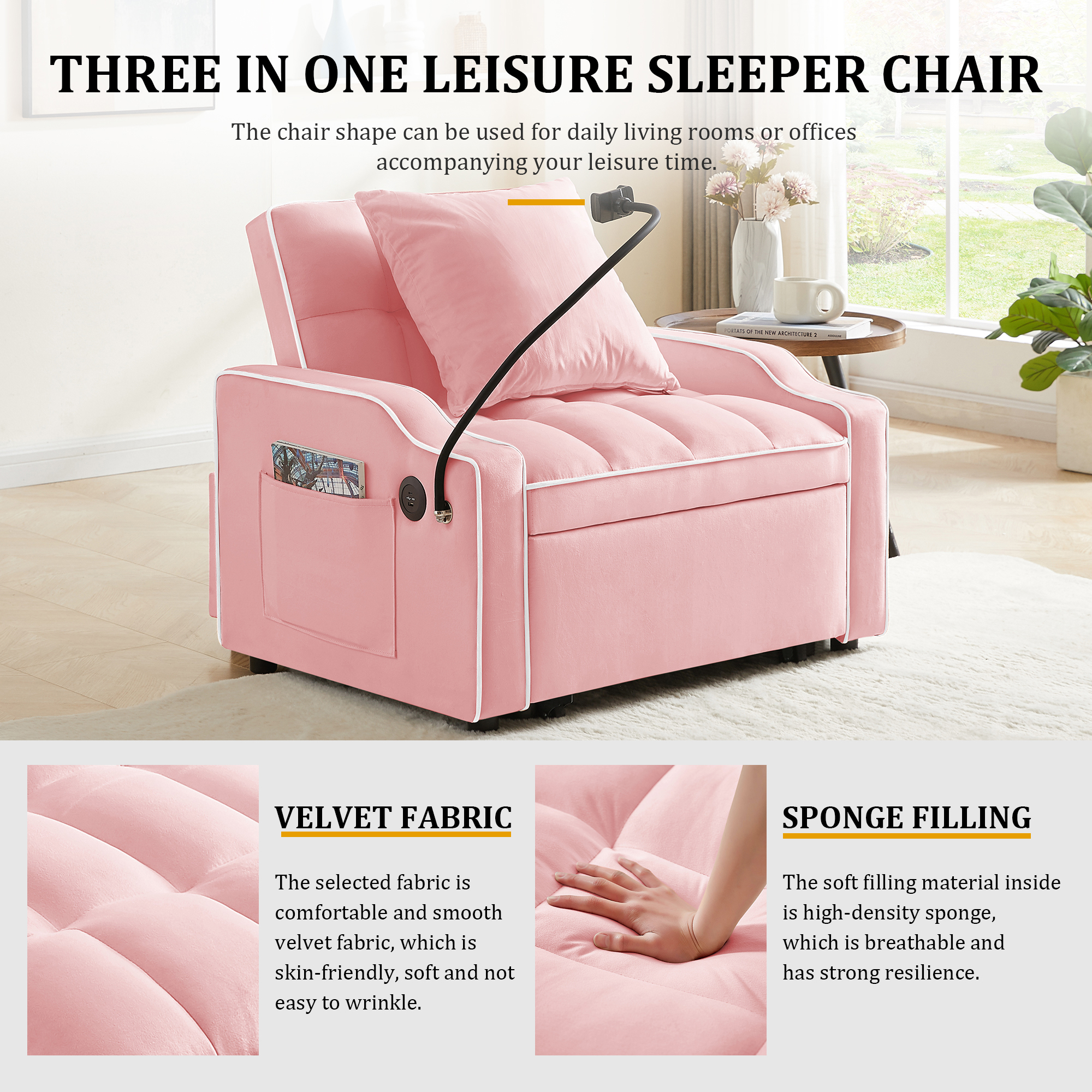 Sleeper Sofa Chair Bed, 3 In 1 Convertible Sofa Chair With With Adjustable Backrest & Phone Holder & USB, Type-C, Adjustable Recliner, Armchair For Living Room Bedroom Apartment Small Space, Pink - Image 6