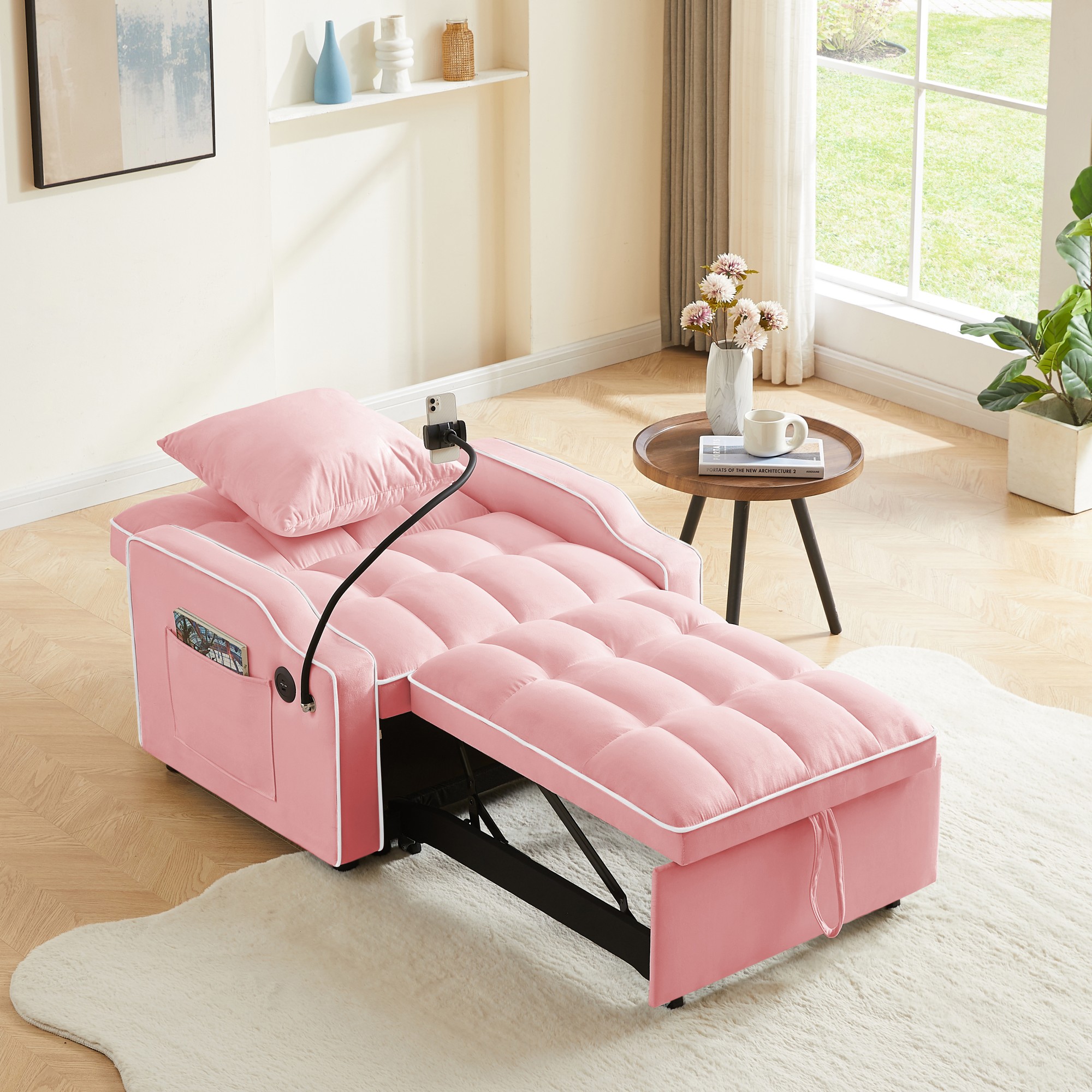 Sleeper Sofa Chair Bed, 3 In 1 Convertible Sofa Chair With With Adjustable Backrest & Phone Holder & USB, Type-C, Adjustable Recliner, Armchair For Living Room Bedroom Apartment Small Space, Pink - Image 5
