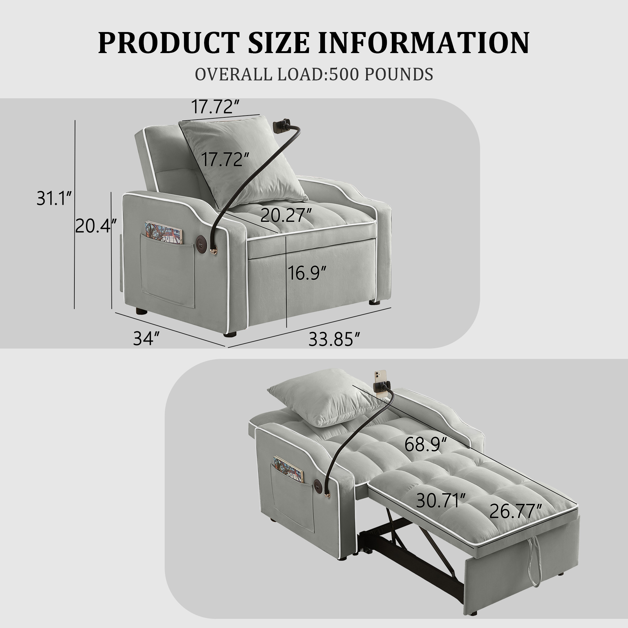 Sleeper Sofa Chair Bed, 3 In 1 Convertible Sofa Chair With With Adjustable Backrest & Phone Holder & USB, Type-C, Adjustable Recliner, Armchair For Living Room Bedroom Apartment Small Space, Gray - Image 3