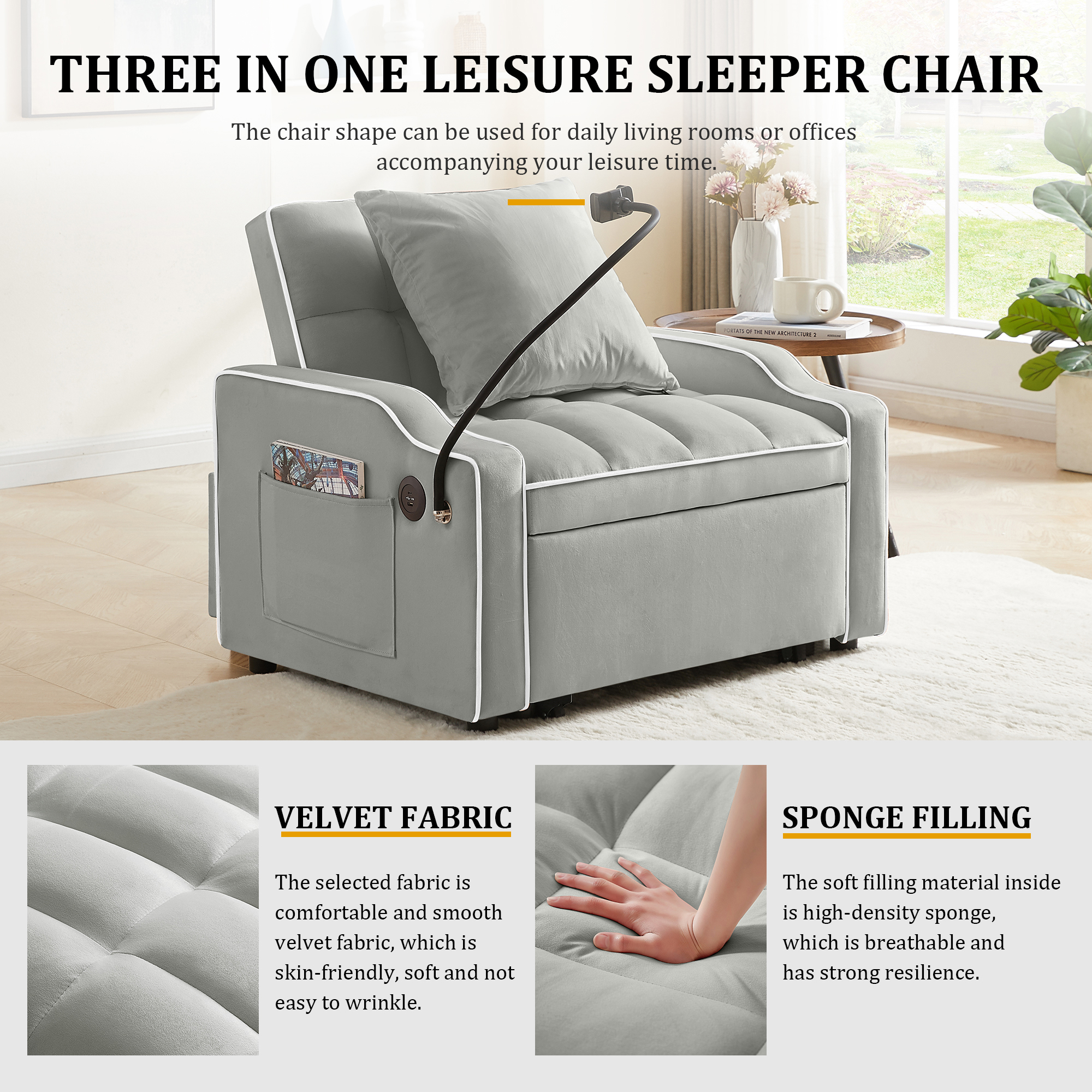 Sleeper Sofa Chair Bed, 3 In 1 Convertible Sofa Chair With With Adjustable Backrest & Phone Holder & USB, Type-C, Adjustable Recliner, Armchair For Living Room Bedroom Apartment Small Space, Gray - Image 4