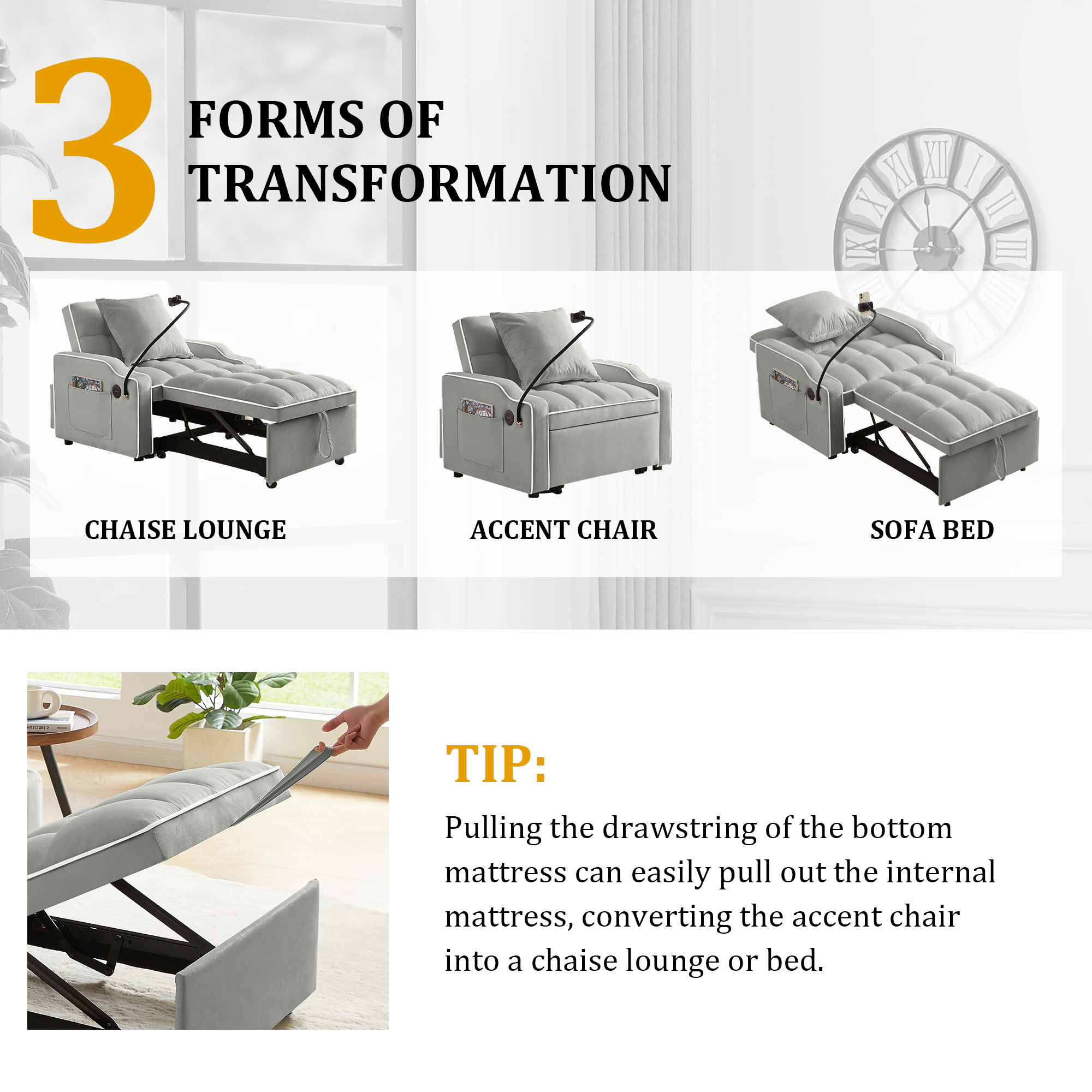 Sleeper Sofa Chair Bed, 3 In 1 Convertible Sofa Chair With With Adjustable Backrest & Phone Holder & USB, Type-C, Adjustable Recliner, Armchair For Living Room Bedroom Apartment Small Space, Gray - Image 5