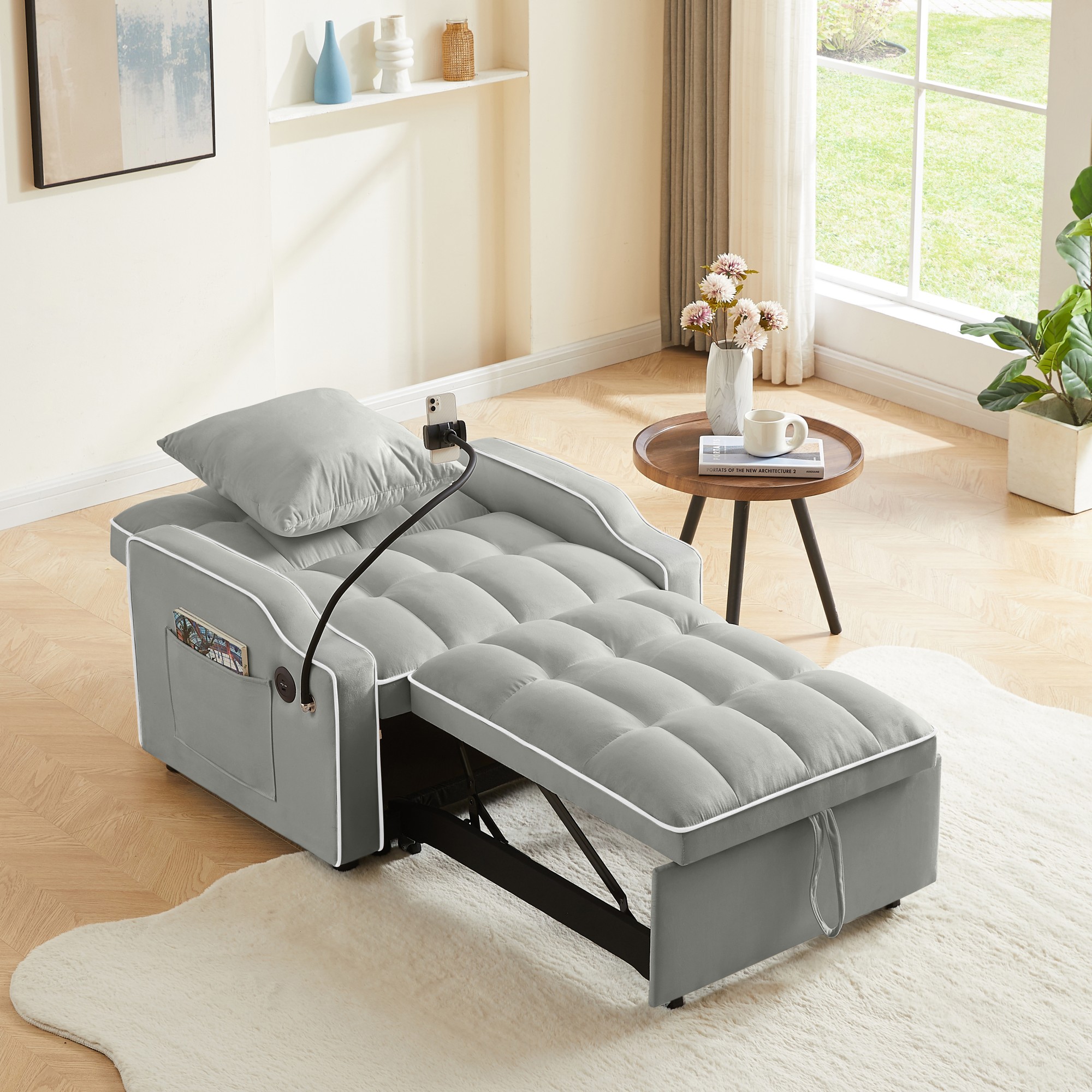 Sleeper Sofa Chair Bed, 3 In 1 Convertible Sofa Chair With With Adjustable Backrest & Phone Holder & USB, Type-C, Adjustable Recliner, Armchair For Living Room Bedroom Apartment Small Space, Gray - Image 6