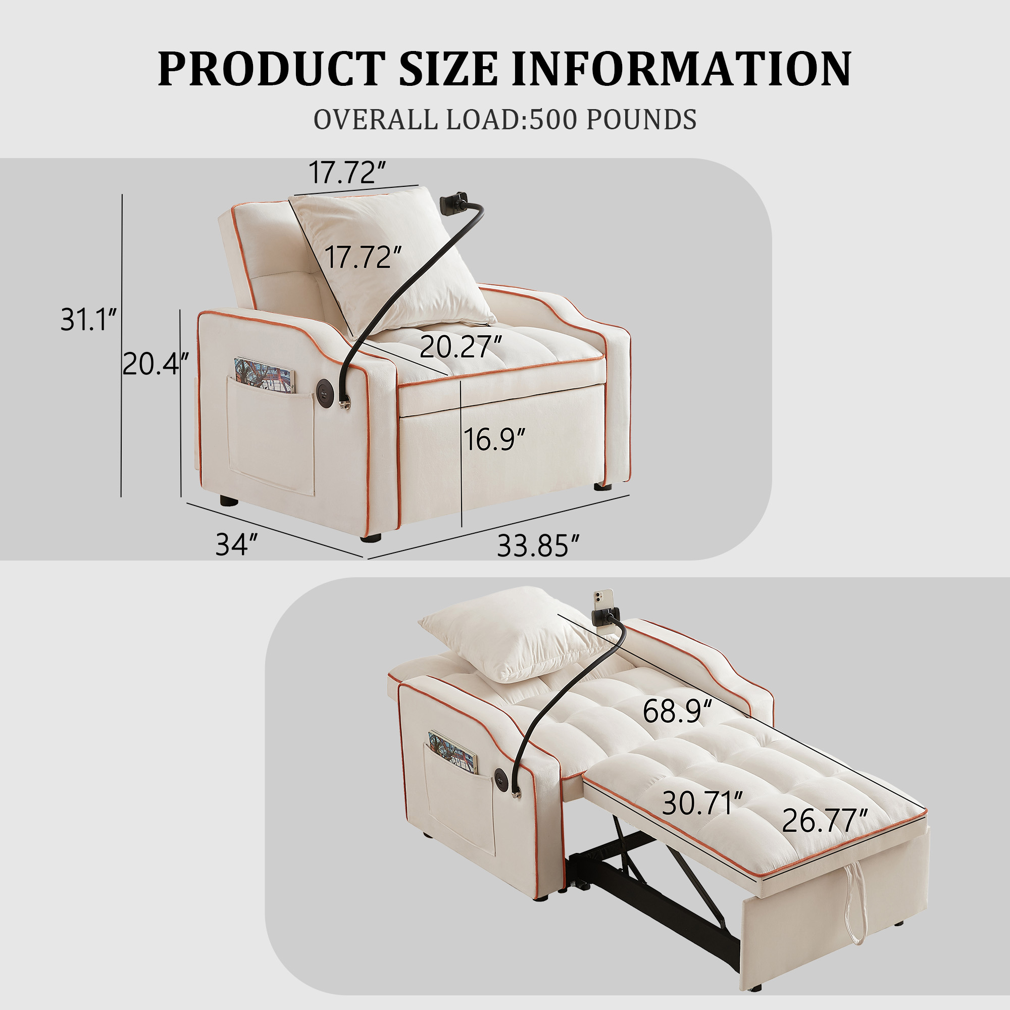 Sleeper Sofa Chair Bed, 3 In 1 Convertible Sofa Chair With With Adjustable Backrest & Phone Holder & USB, Type-C, Adjustable Recliner, Armchair For Living Room Bedroom Apartment Small Space, Beige - Image 3