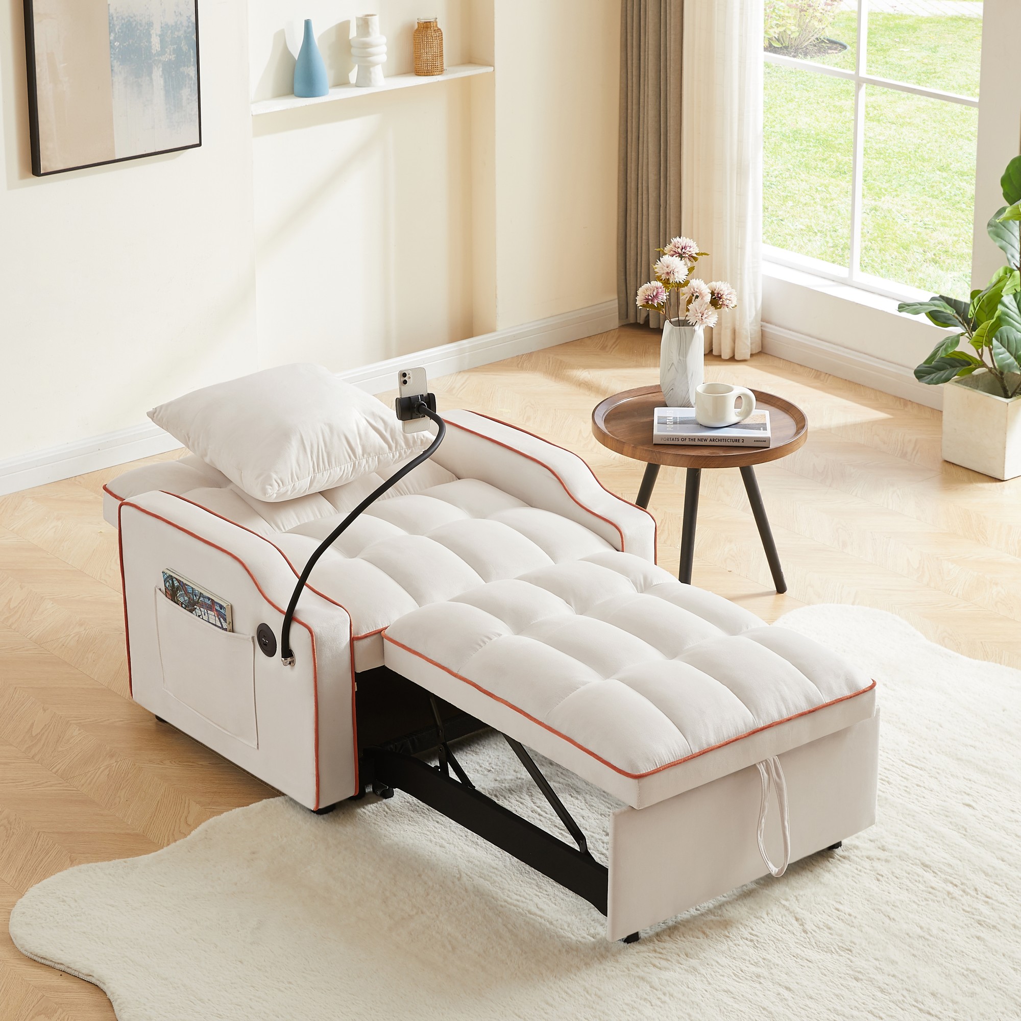 Sleeper Sofa Chair Bed, 3 In 1 Convertible Sofa Chair With With Adjustable Backrest & Phone Holder & USB, Type-C, Adjustable Recliner, Armchair For Living Room Bedroom Apartment Small Space, Beige - Image 4