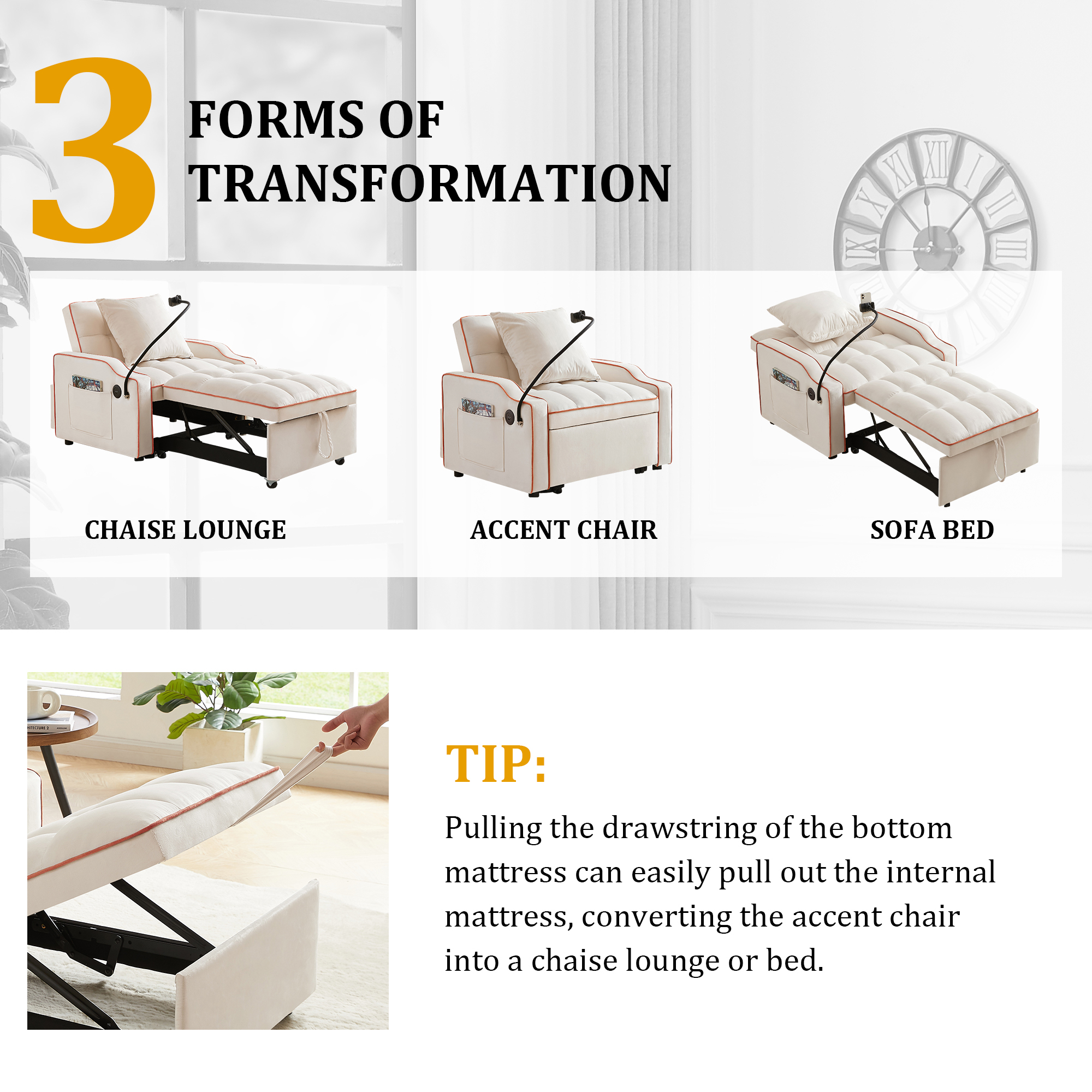 Sleeper Sofa Chair Bed, 3 In 1 Convertible Sofa Chair With With Adjustable Backrest & Phone Holder & USB, Type-C, Adjustable Recliner, Armchair For Living Room Bedroom Apartment Small Space, Beige - Image 5