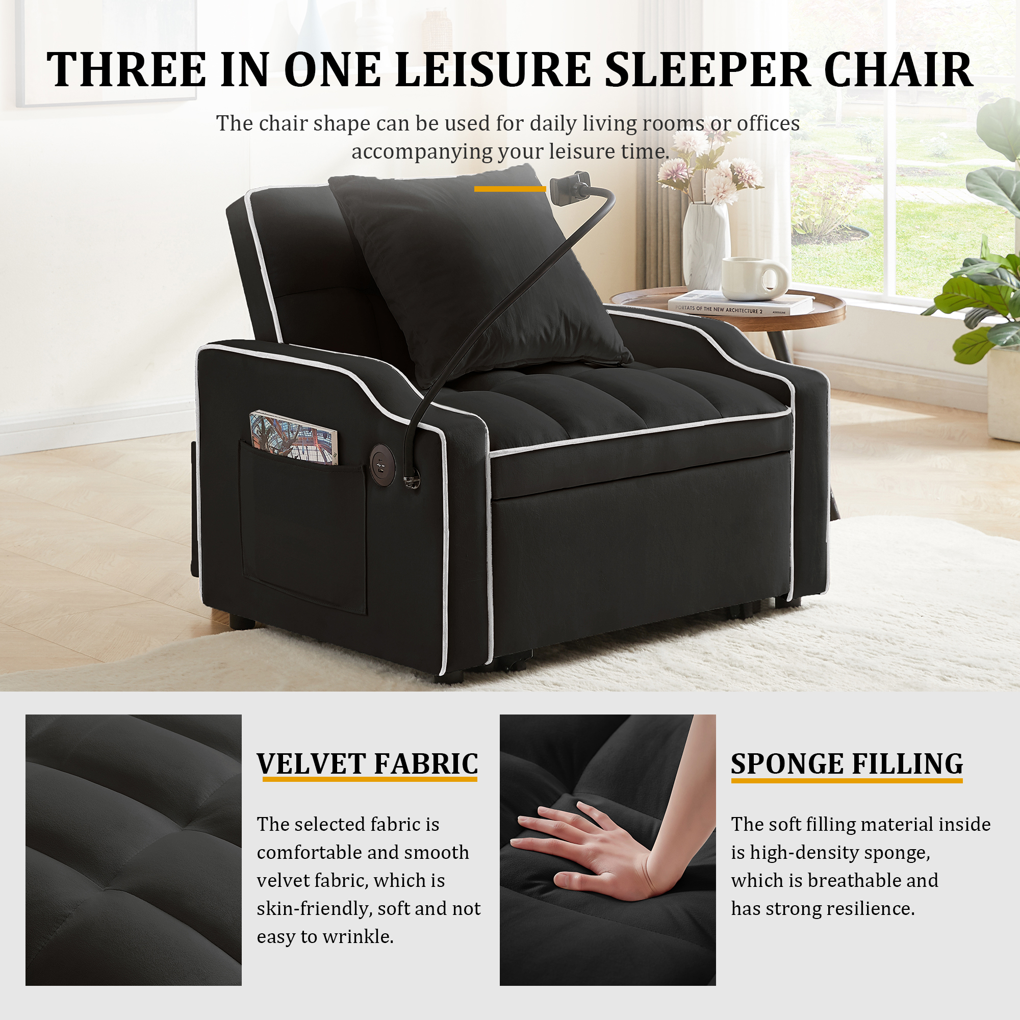 Sleeper Sofa Chair Bed, 3 In 1 Convertible Sofa Chair With With Adjustable Backrest & Phone Holder & USB, Type-C, Adjustable Recliner, Armchair For Living Room Bedroom Apartment Small Space, Black - Image 4