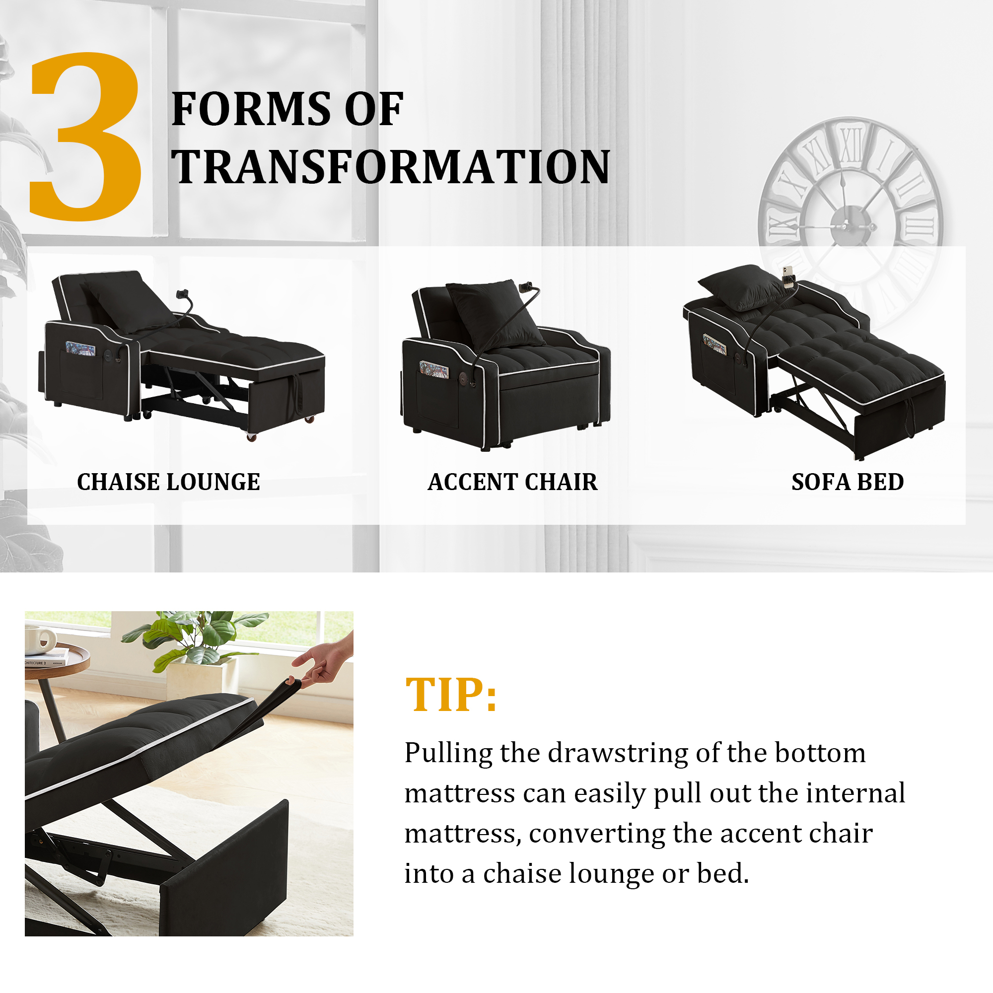 Sleeper Sofa Chair Bed, 3 In 1 Convertible Sofa Chair With With Adjustable Backrest & Phone Holder & USB, Type-C, Adjustable Recliner, Armchair For Living Room Bedroom Apartment Small Space, Black - Image 5