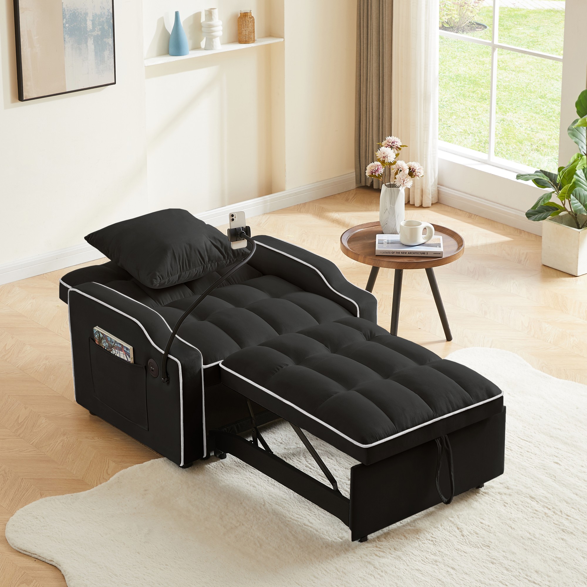 Sleeper Sofa Chair Bed, 3 In 1 Convertible Sofa Chair With With Adjustable Backrest & Phone Holder & USB, Type-C, Adjustable Recliner, Armchair For Living Room Bedroom Apartment Small Space, Black - Image 6