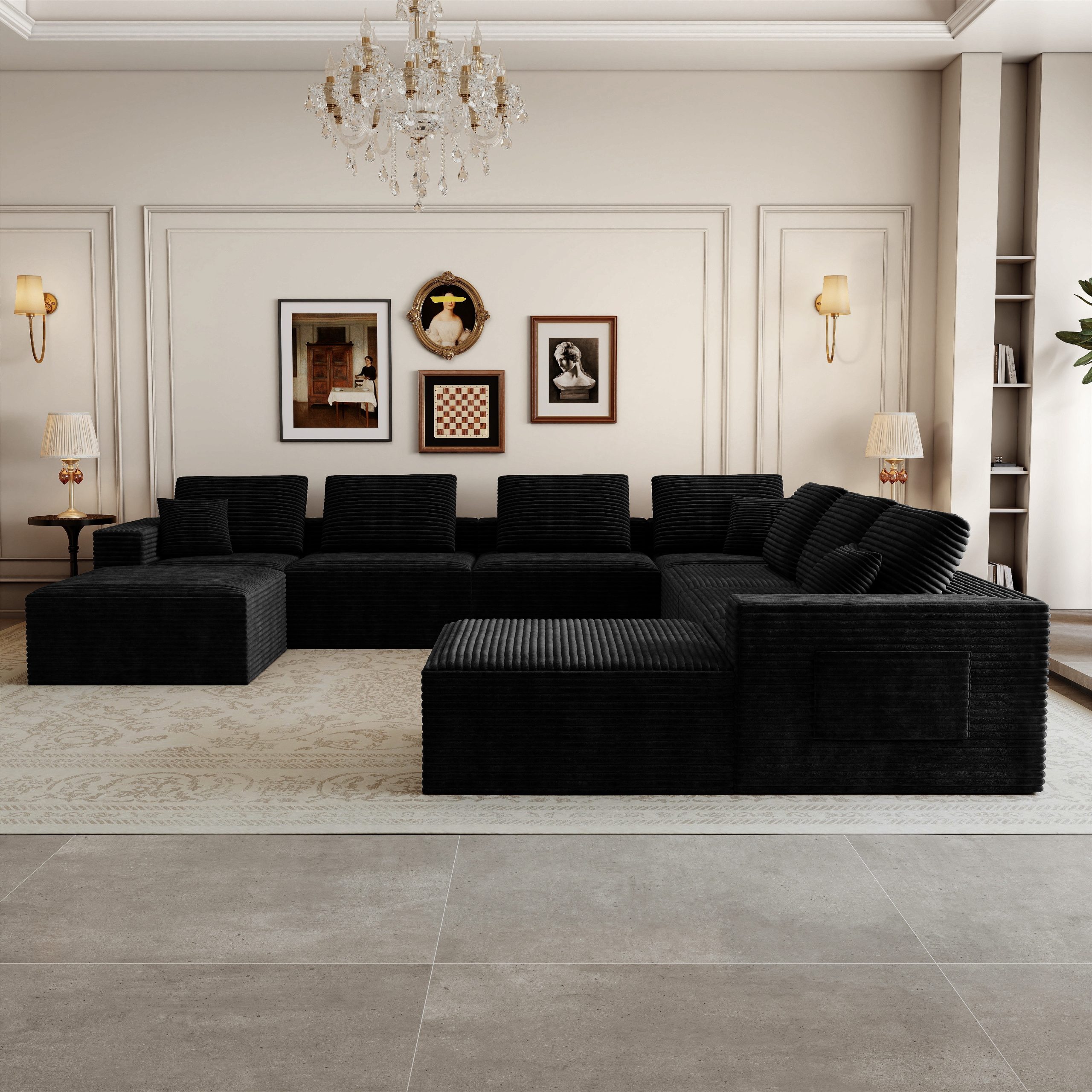 141.73*141.73"Modular sectional sofa seat,Upholstered compressed couch for living room,Bedroom,Apartment,No assembly required,9 PC free combination,Plush corduroy fabric,BLACK - Image 2