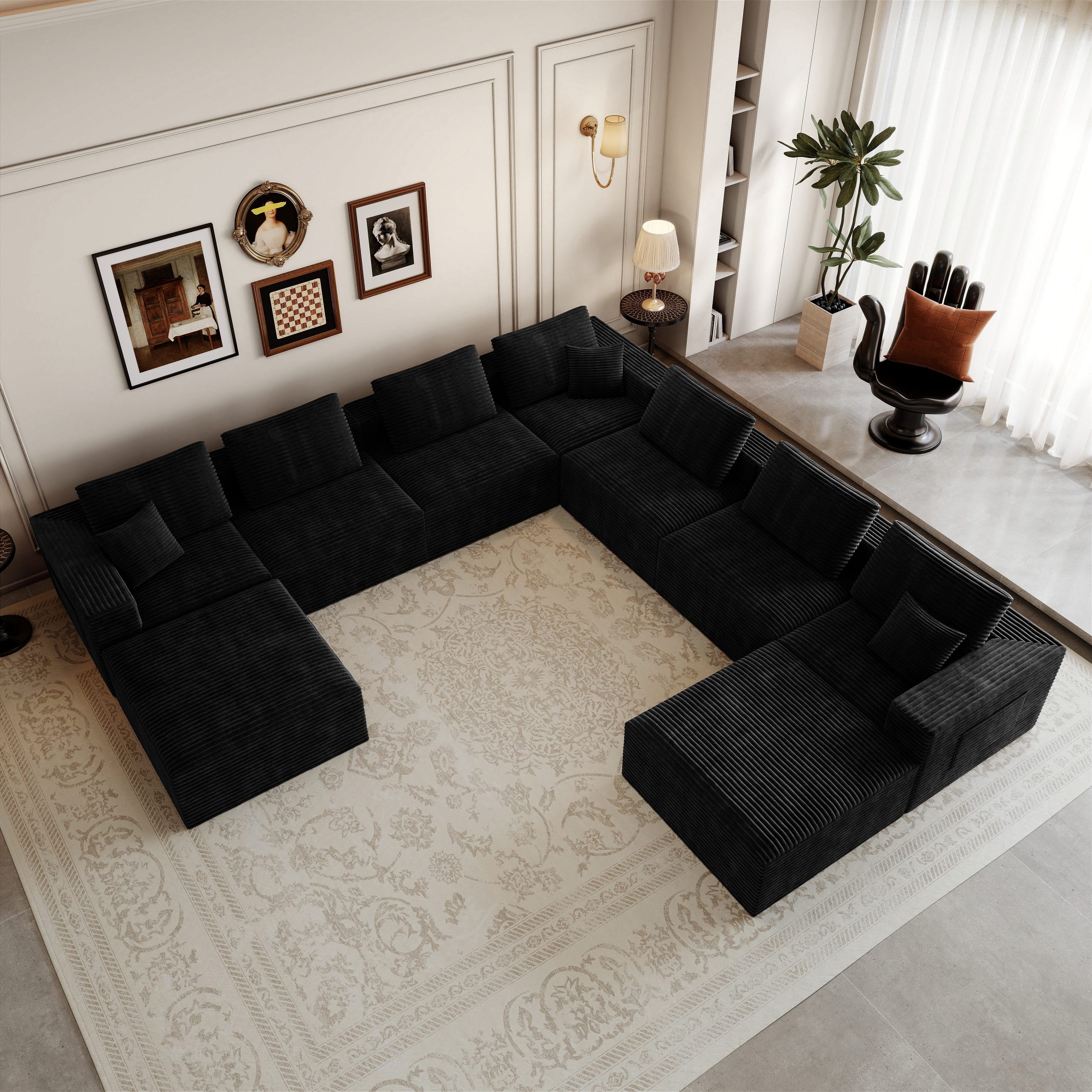 141.73*141.73"Modular sectional sofa seat,Upholstered compressed couch for living room,Bedroom,Apartment,No assembly required,9 PC free combination,Plush corduroy fabric,BLACK - Image 3