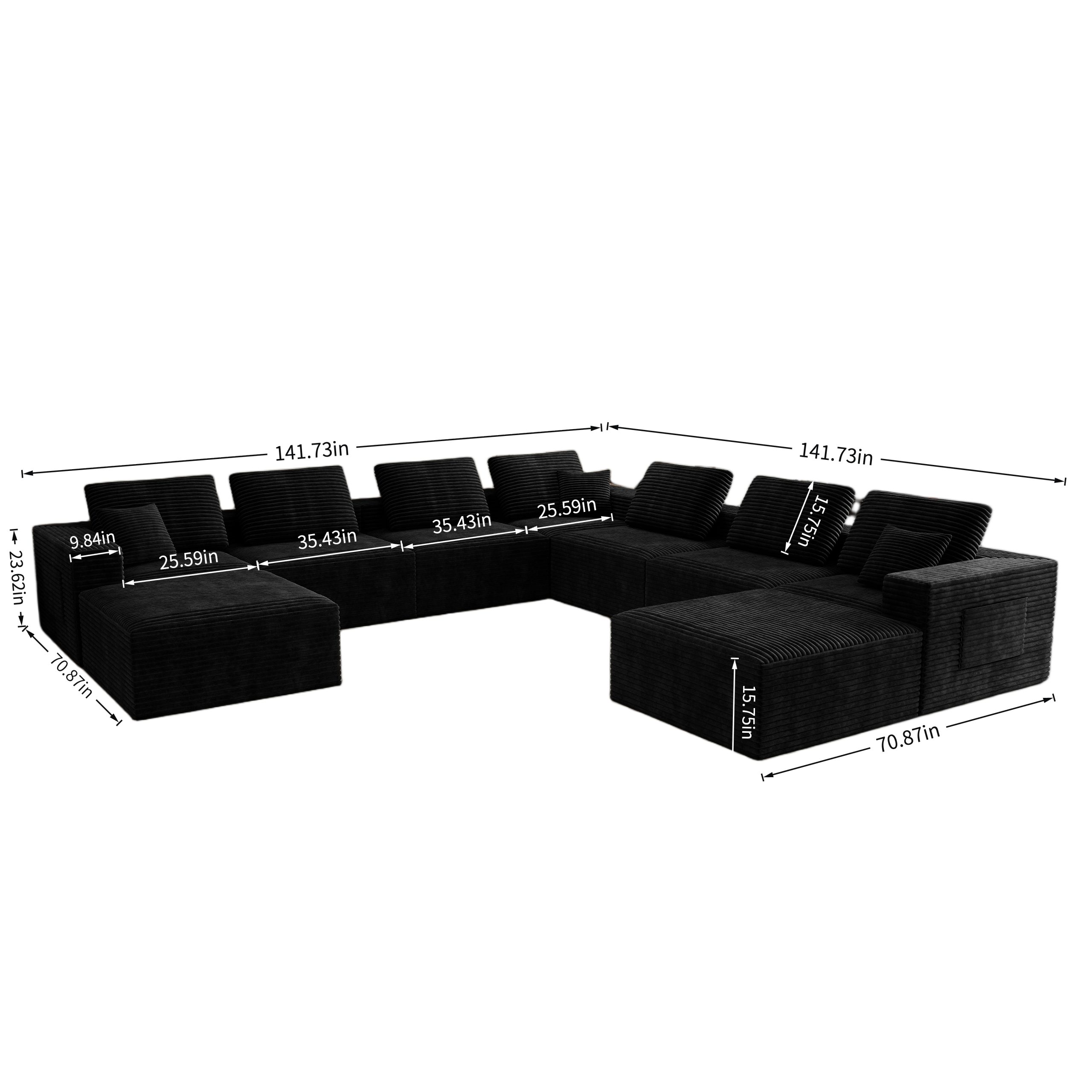 141.73*141.73"Modular sectional sofa seat,Upholstered compressed couch for living room,Bedroom,Apartment,No assembly required,9 PC free combination,Plush corduroy fabric,BLACK - Image 4