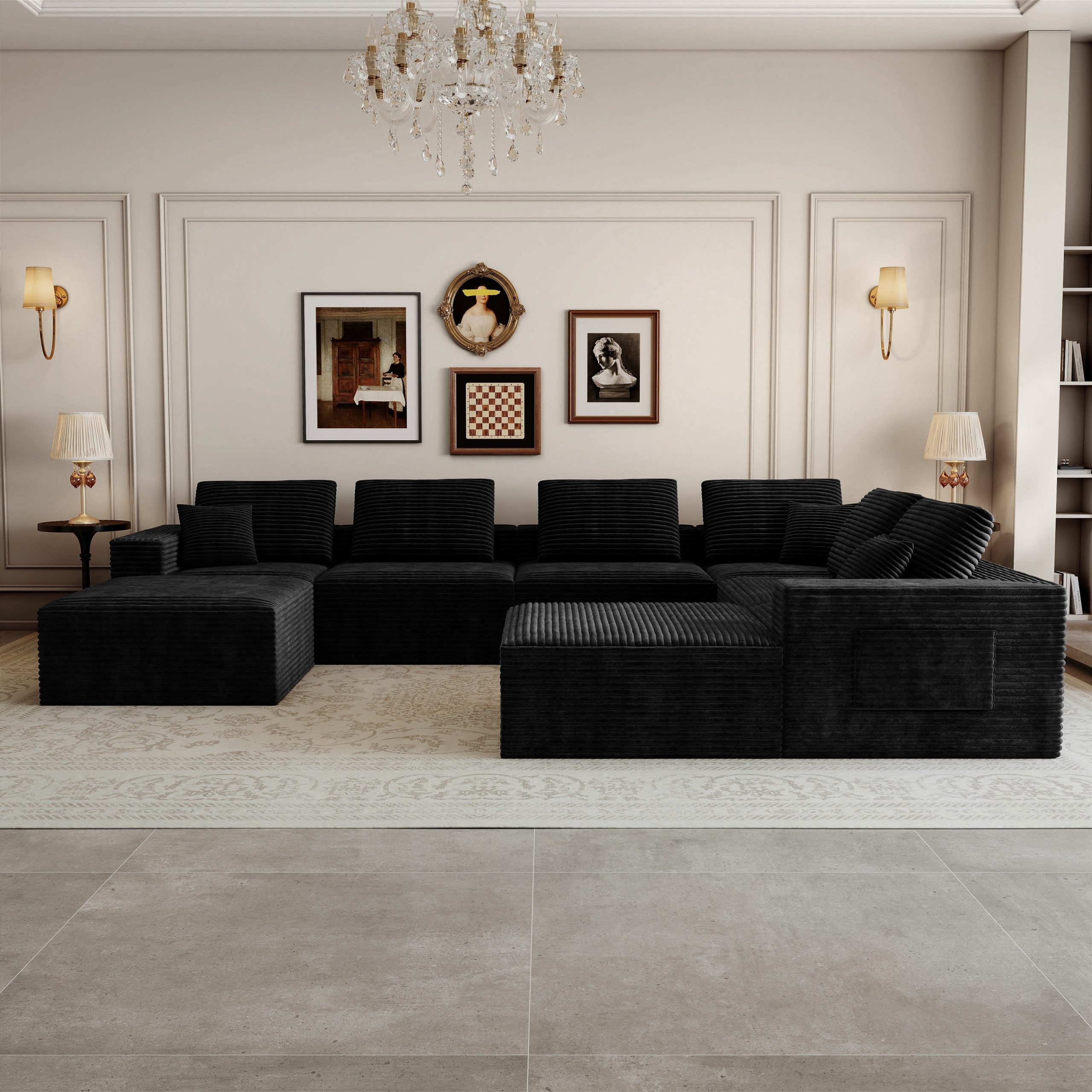 141.73*106.3"Modular sectional sofa seat,Upholstered compressed couch for living room,Bedroom,Apartment,No assembly required,8PC free combination,Plush corduroy fabric,BLACK - Image 2