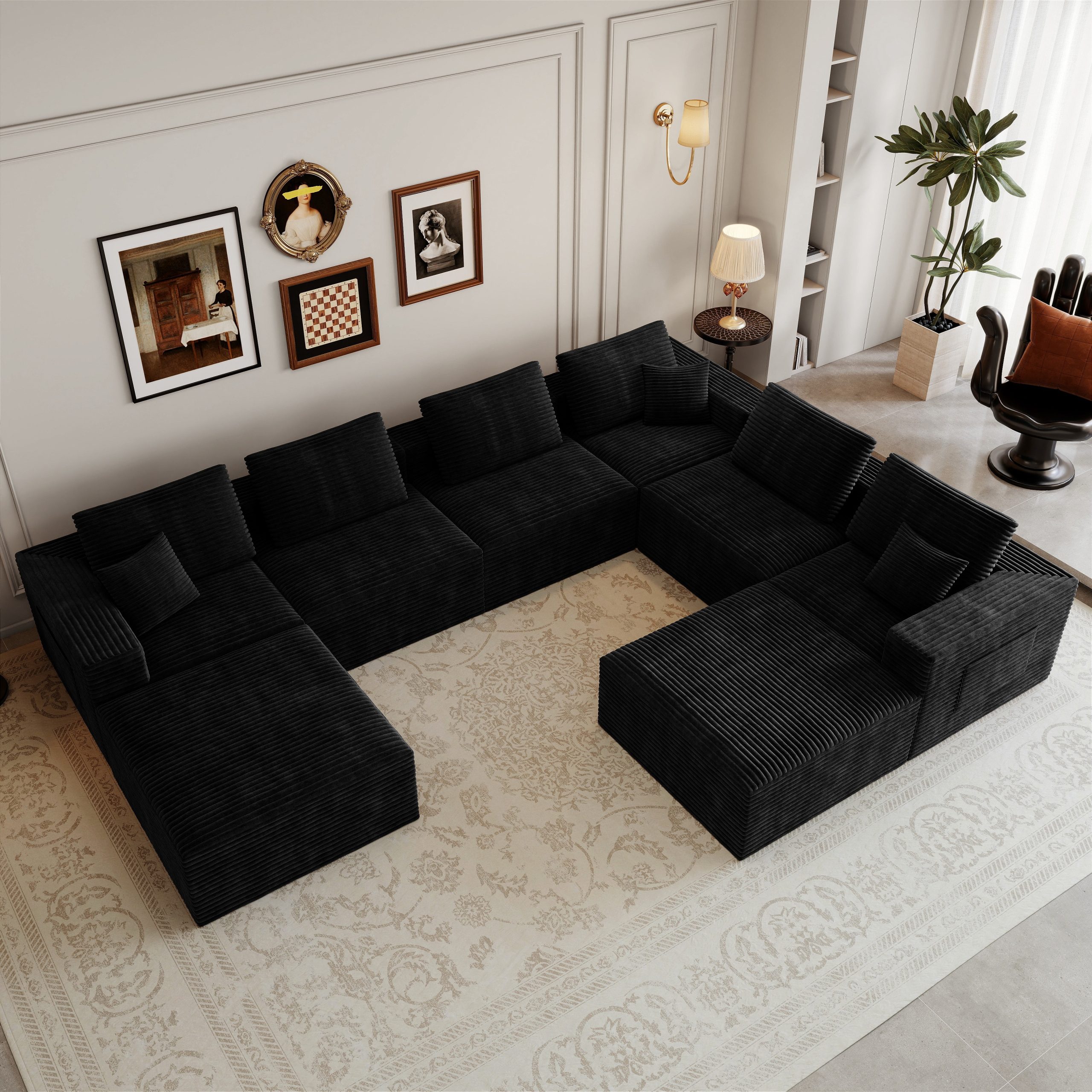 141.73*106.3"Modular sectional sofa seat,Upholstered compressed couch for living room,Bedroom,Apartment,No assembly required,8PC free combination,Plush corduroy fabric,BLACK - Image 3