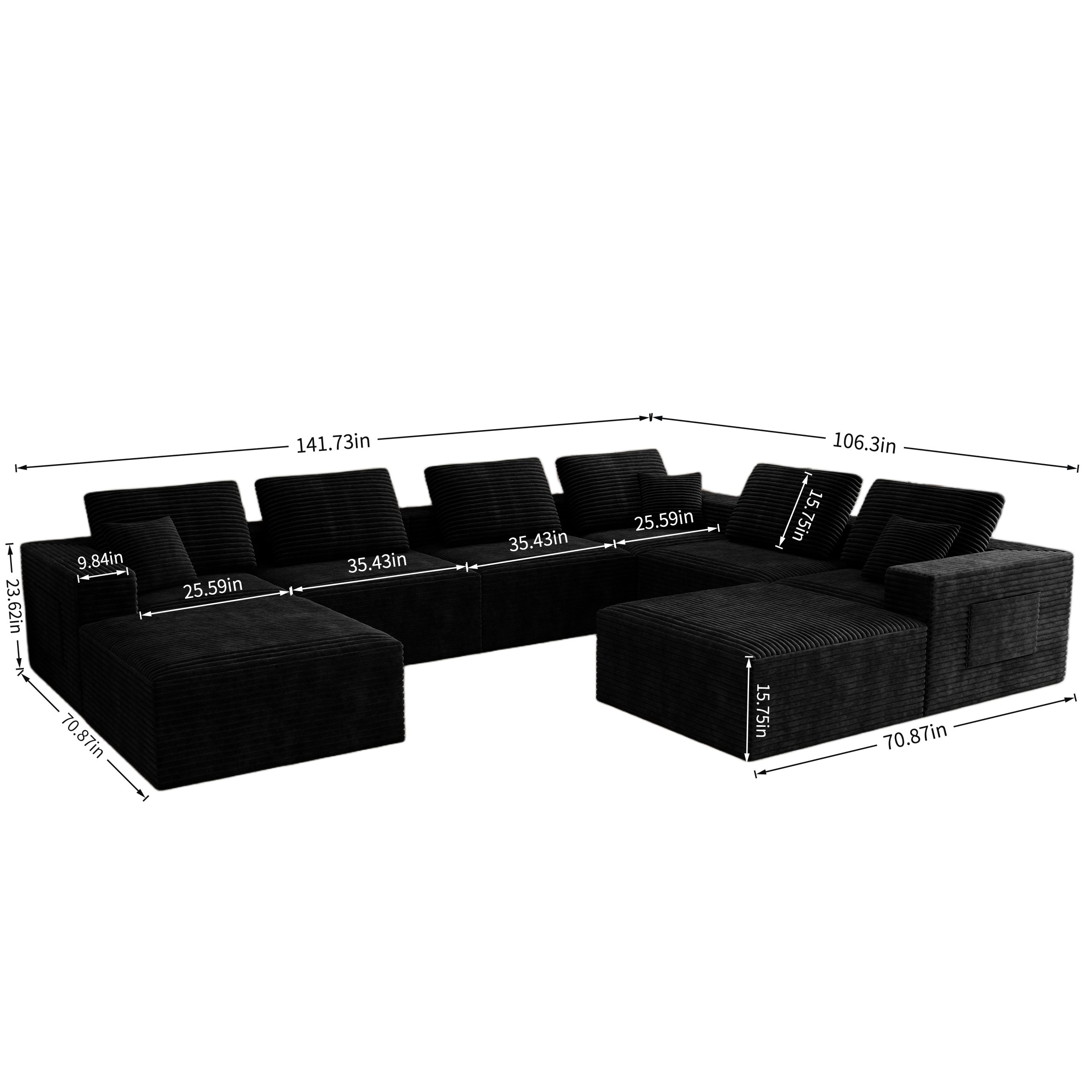 141.73*106.3"Modular sectional sofa seat,Upholstered compressed couch for living room,Bedroom,Apartment,No assembly required,8PC free combination,Plush corduroy fabric,BLACK - Image 4