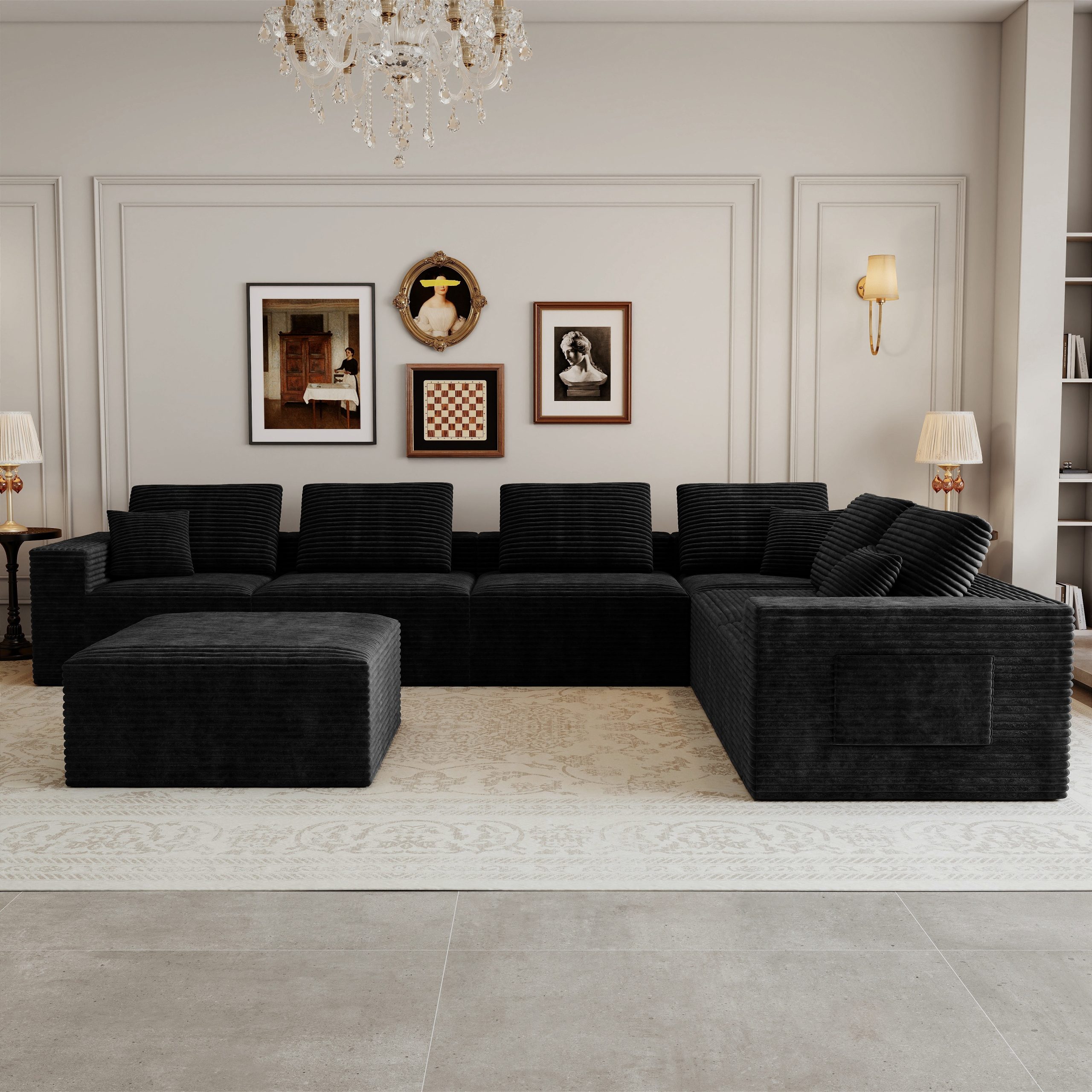 141.73*106.3"Modular sectional sofa seat,Upholstered compressed couch for living room,Bedroom,Apartment,No assembly required,7 PC free combination,Plush corduroy fabric,BLACK - Image 2
