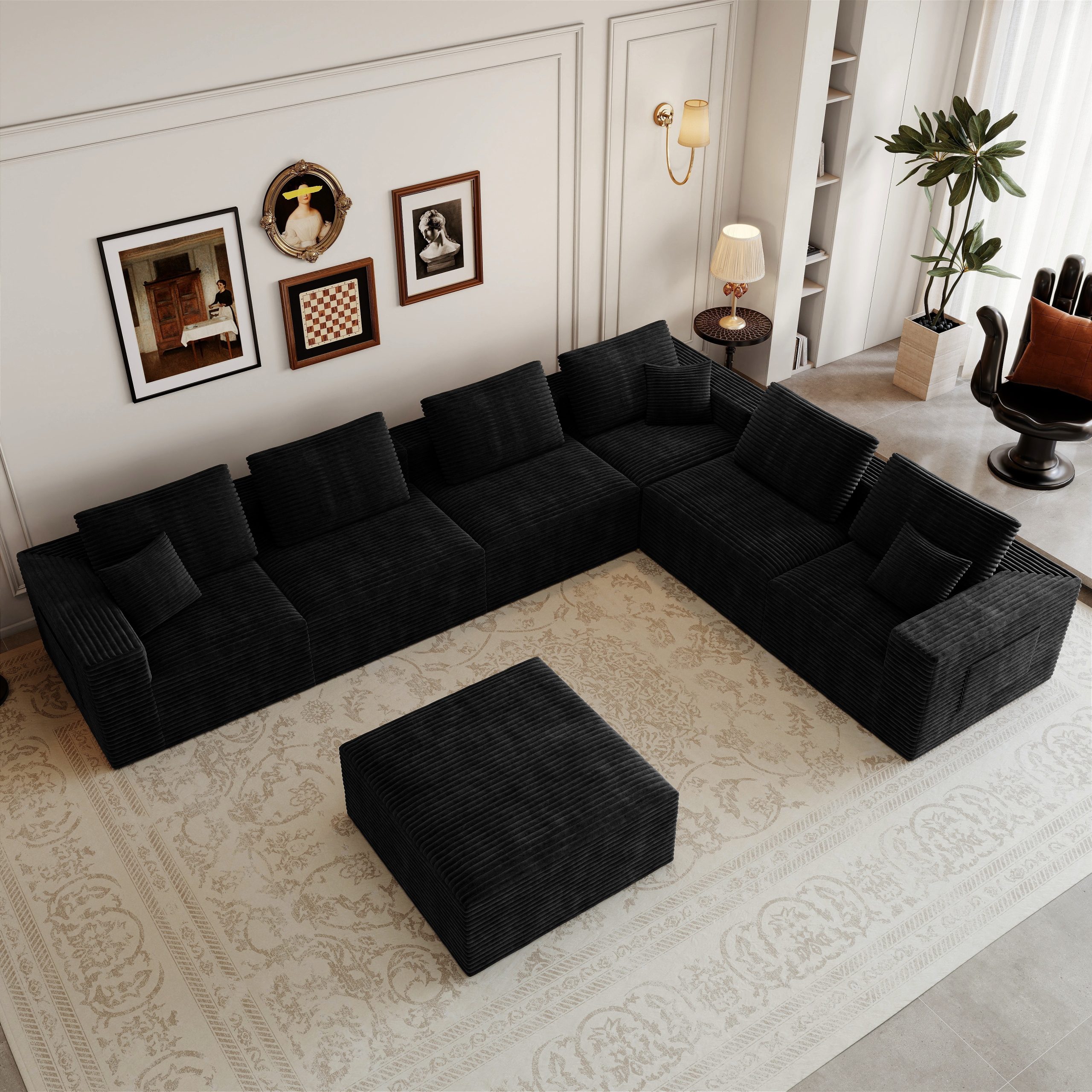141.73*106.3"Modular sectional sofa seat,Upholstered compressed couch for living room,Bedroom,Apartment,No assembly required,7 PC free combination,Plush corduroy fabric,BLACK - Image 3